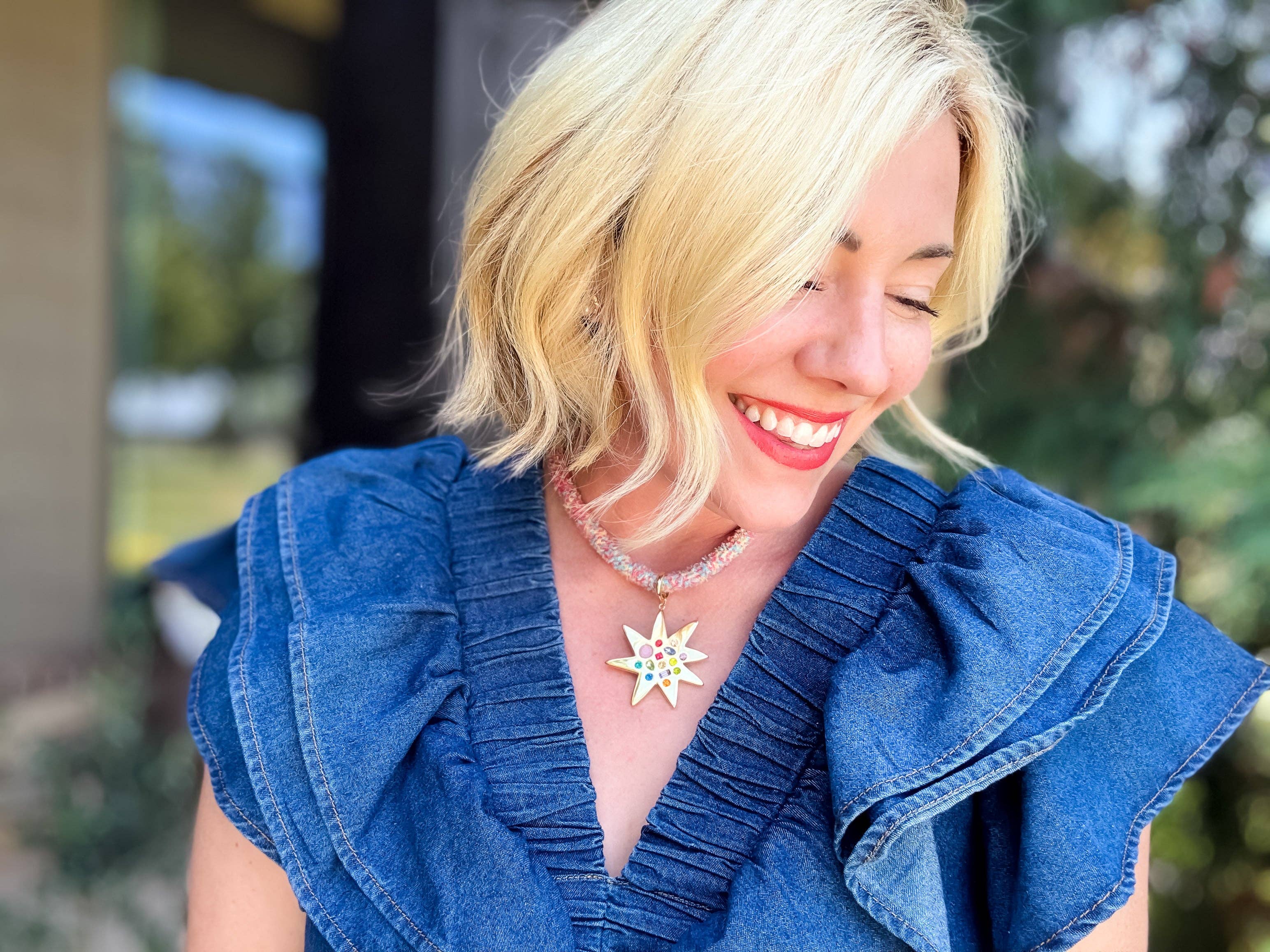Textured Cord Necklace - Gold Sunburst Charm - Blakely