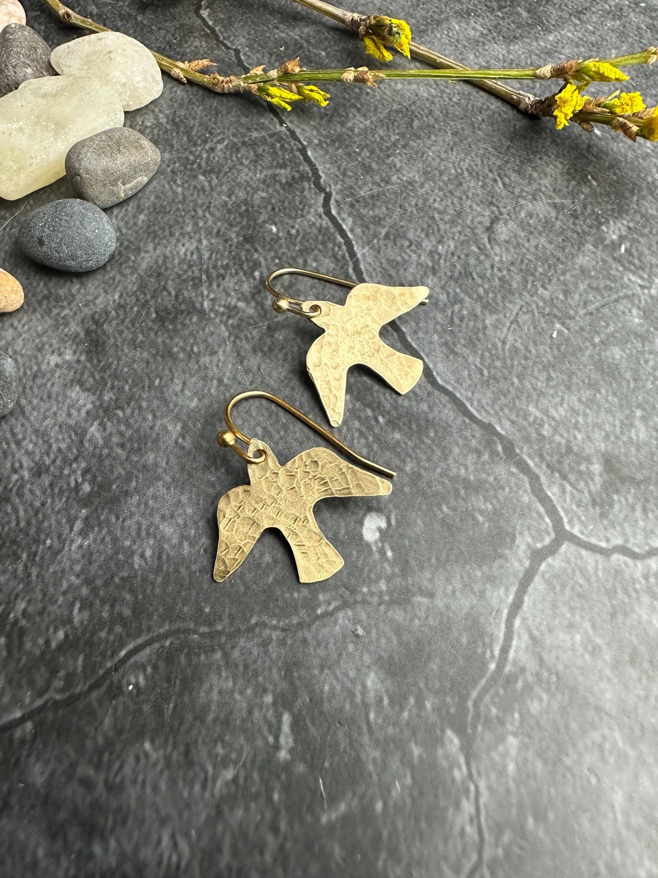 Minimal Bird Earrings - Small Hammered Brass Sparrow Drops