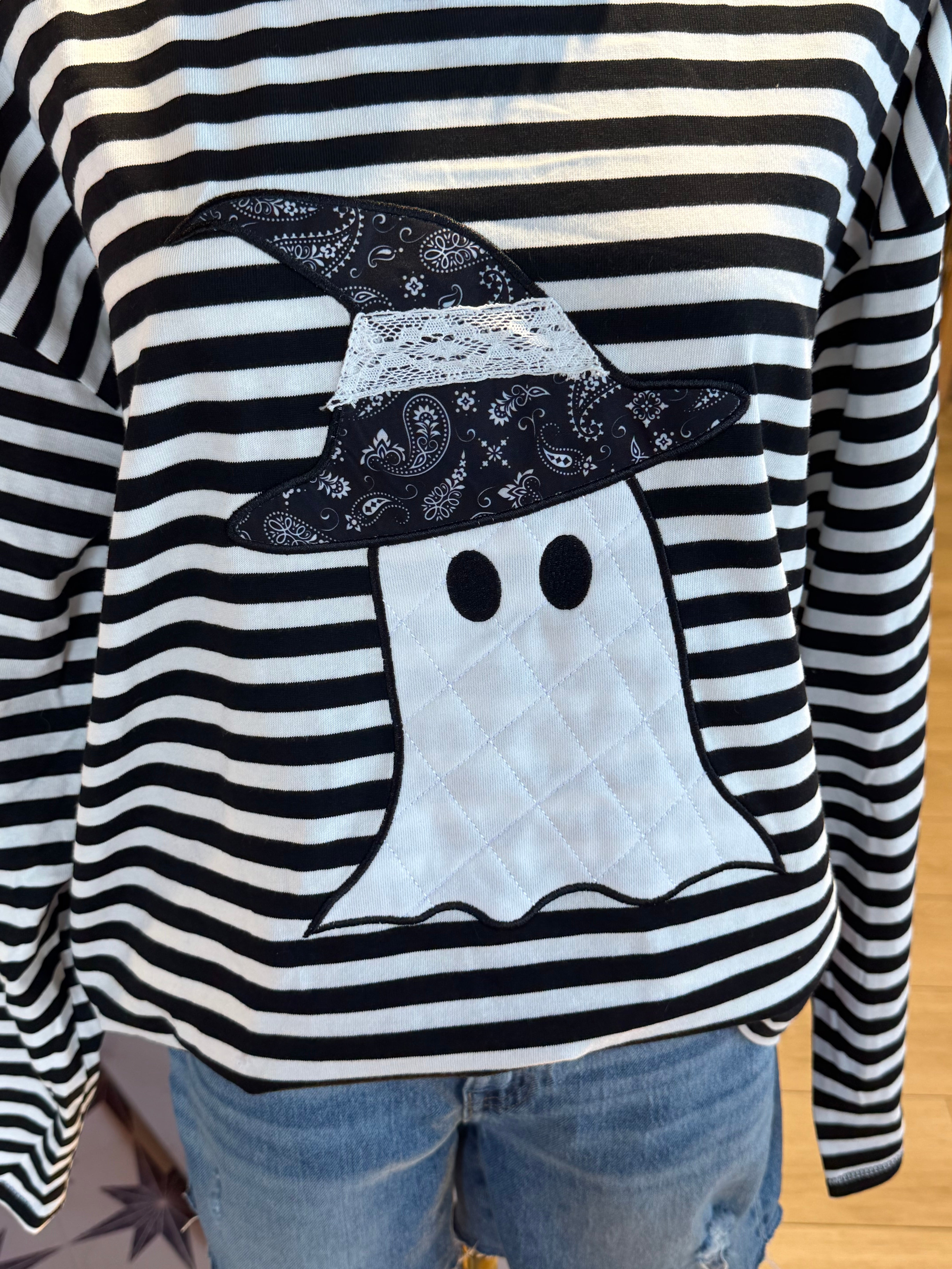 Halloween Ghost Appliqué Striped Long Sleeve Top