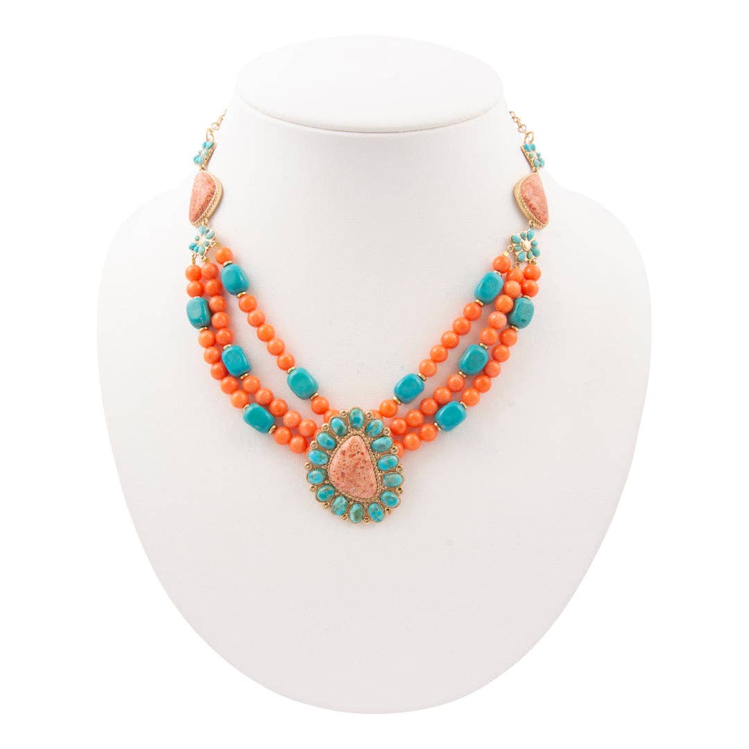 Blue Turquoise Starburst Orange Coral Golden Statement Necklace