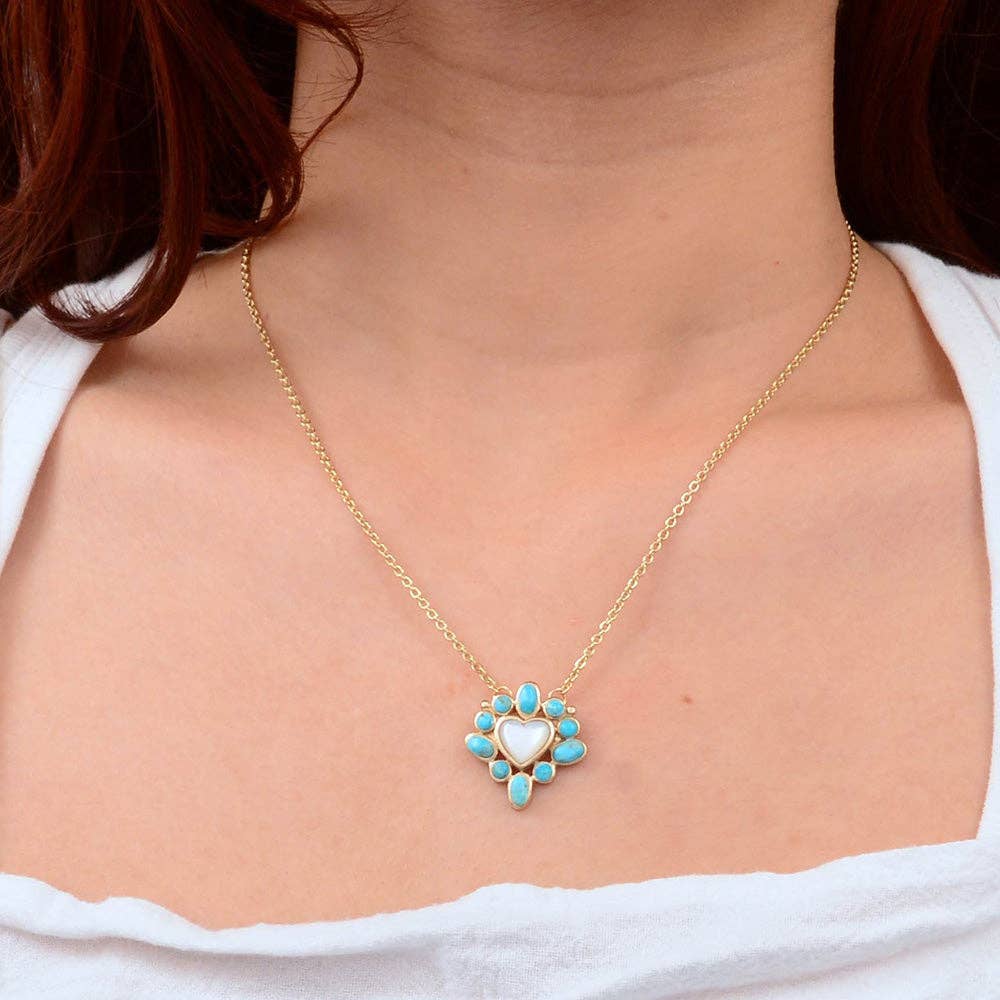 Hearts Surround Blue Turquoise and Mother of Pearl Golden Necklace