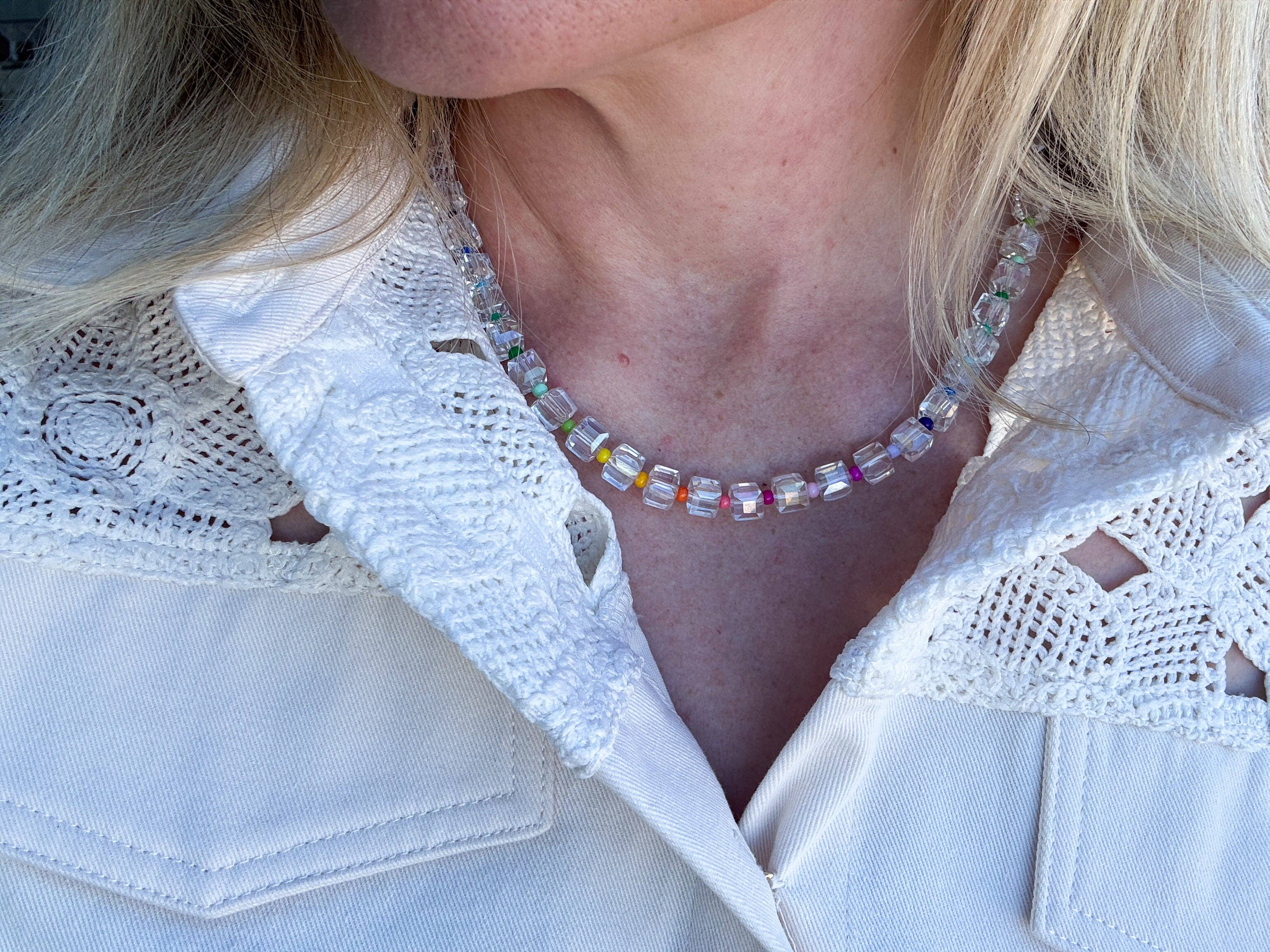 Beaded Necklace - Clear + Multi-Colored Beads - Jenn