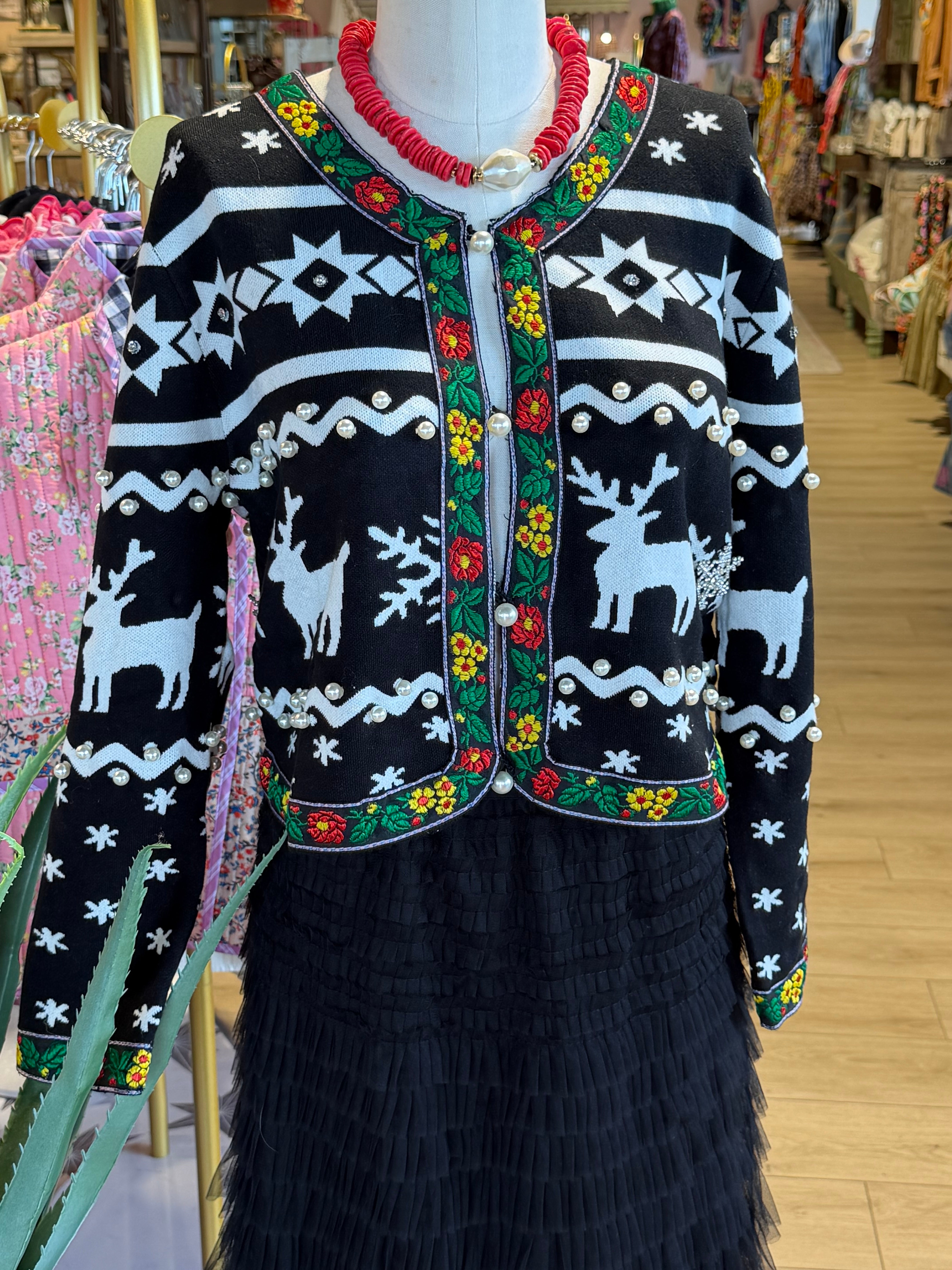 Flower Trim Reindeer Cardigan