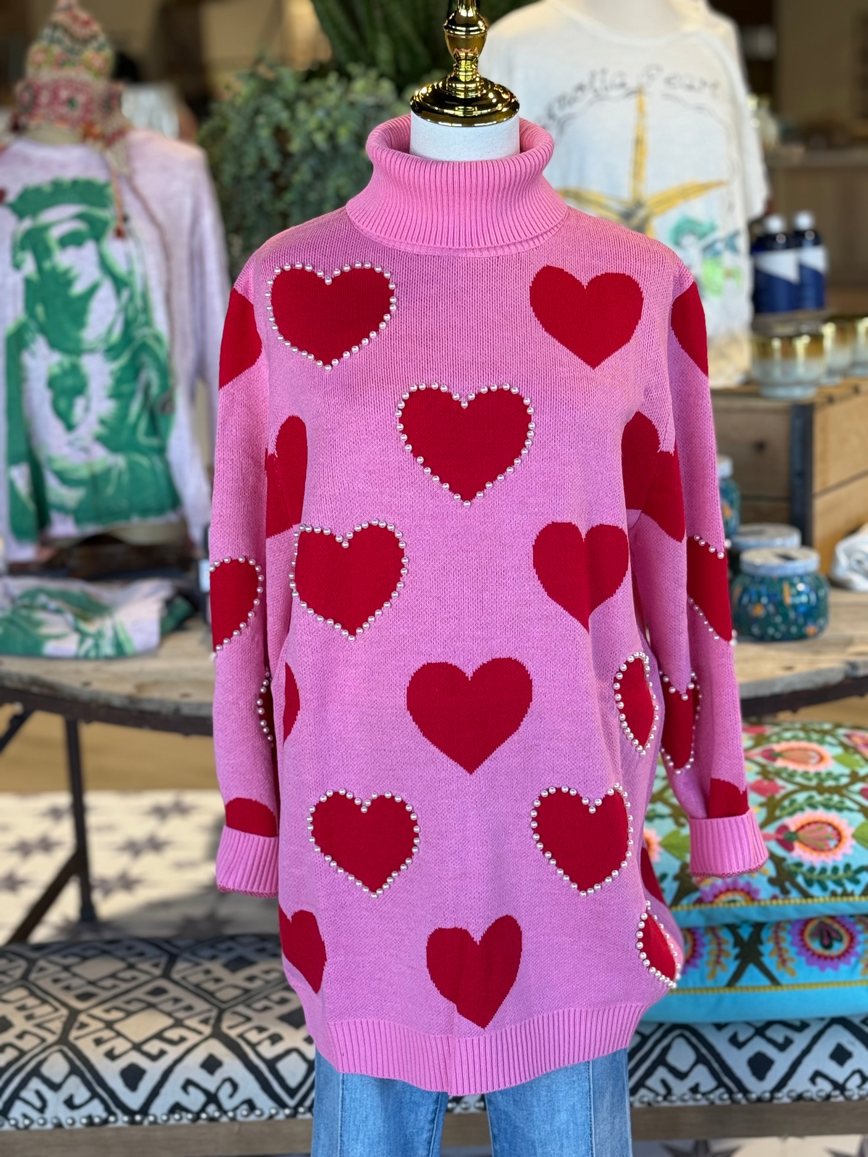 Red Hearts & Pearls Tunic Sweater