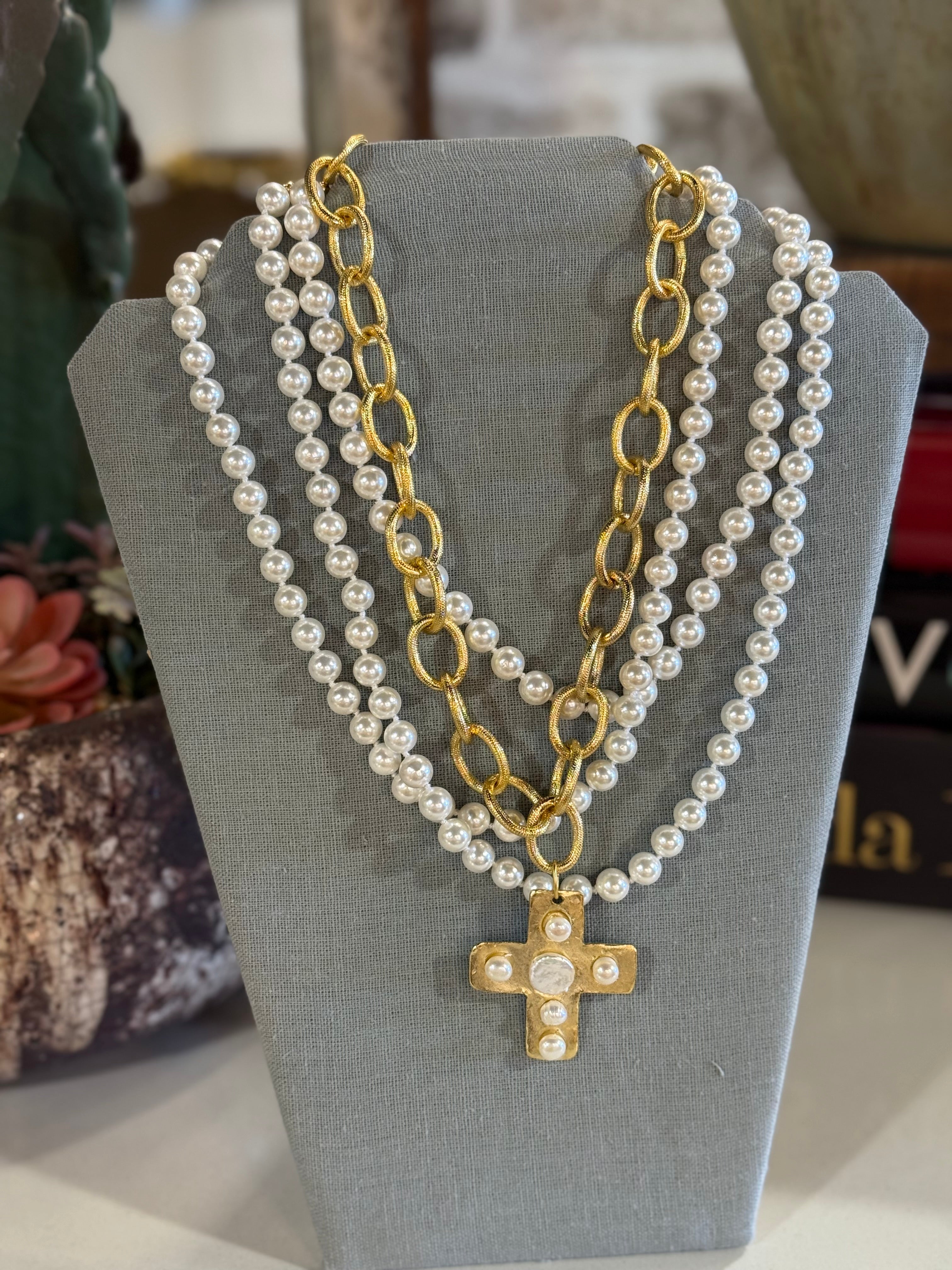 Multi Strand Gold Cross Pearl Necklace