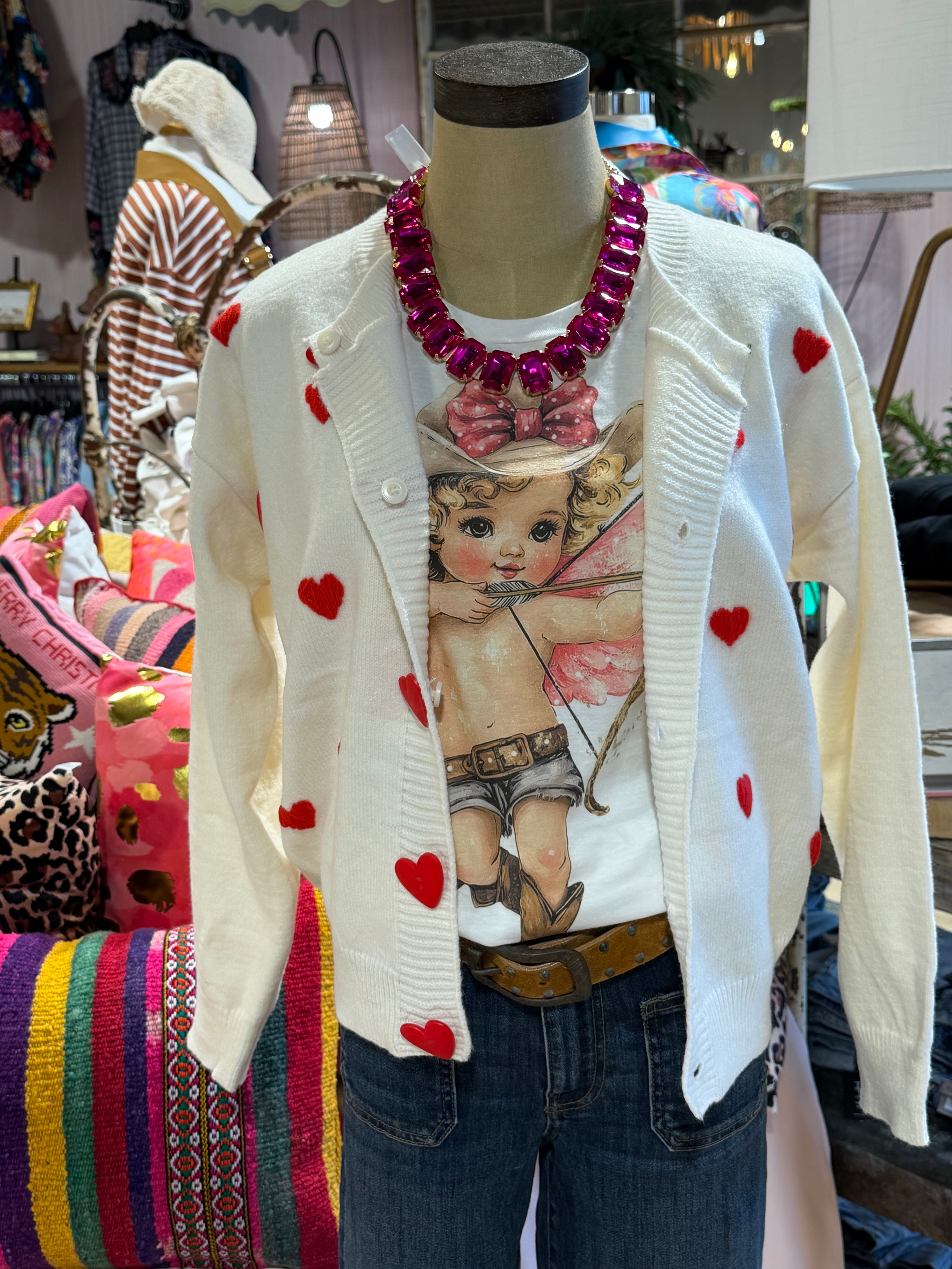 Puff Heart White Cardigan