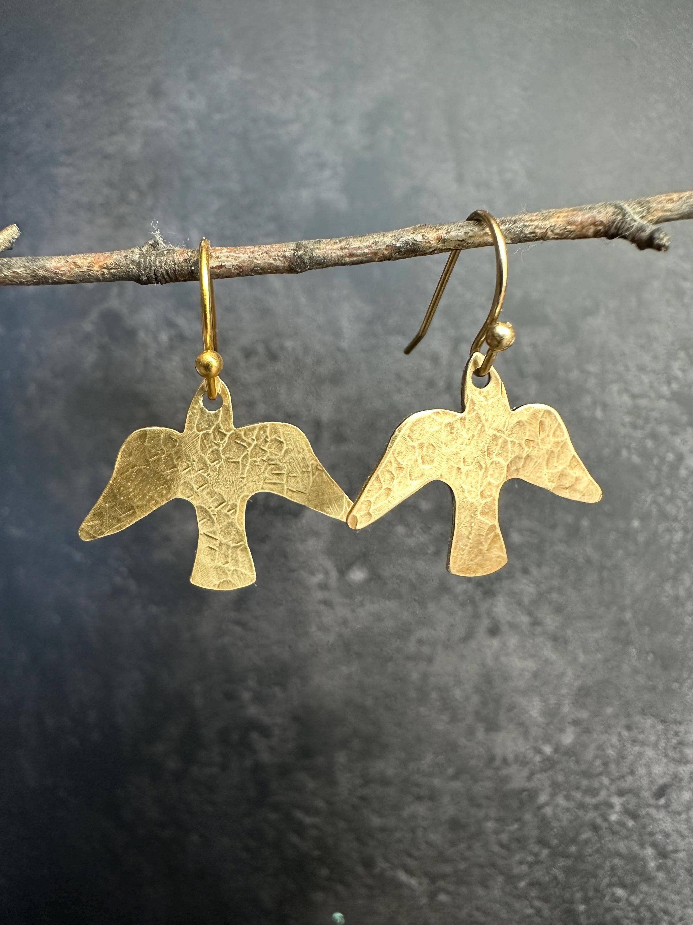 Minimal Bird Earrings - Small Hammered Brass Sparrow Drops