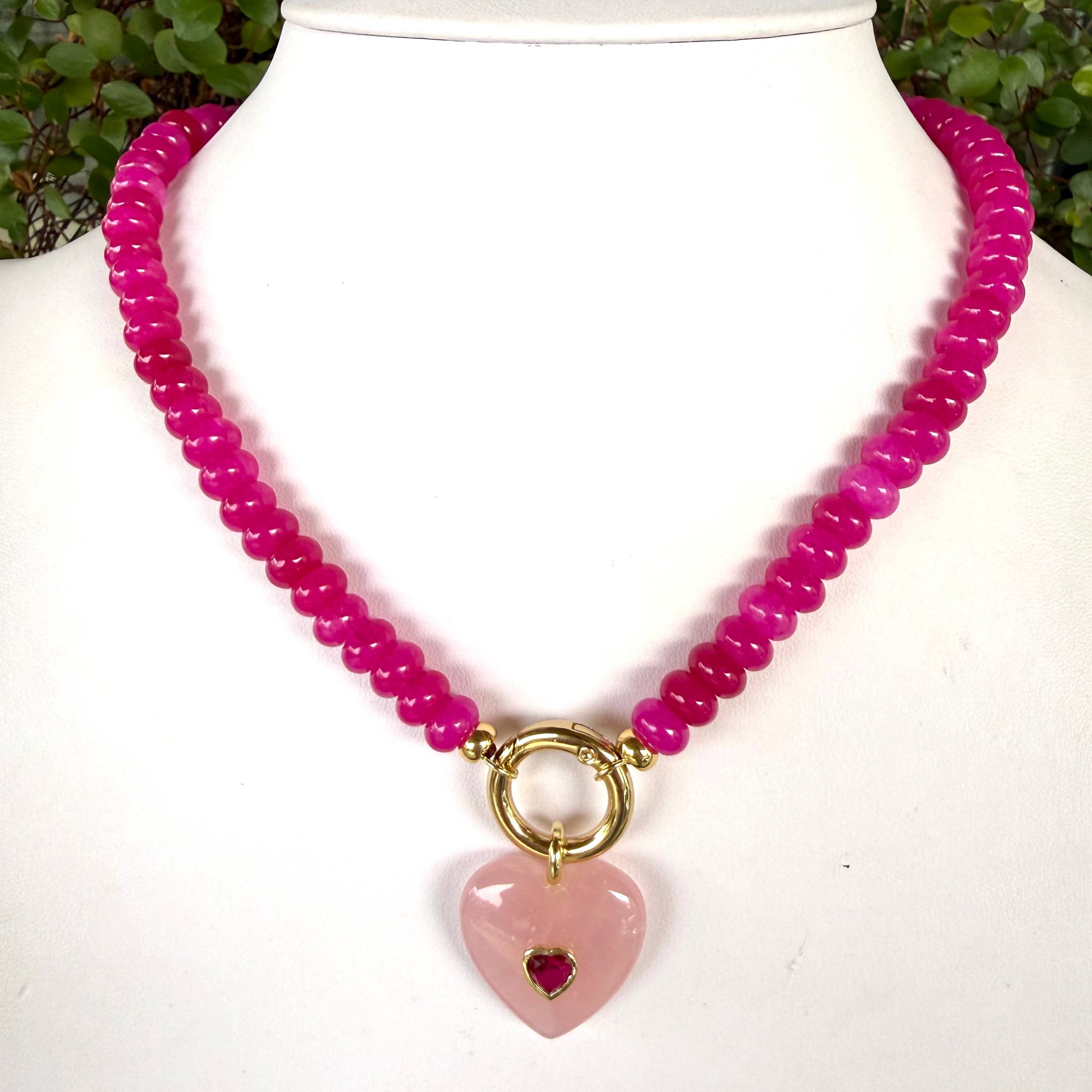 Pink Gemstone Heart Necklace - Dark Pink