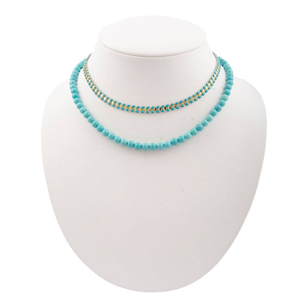 Blue Turquoise Magnesite Layers Golden Chevron Necklace