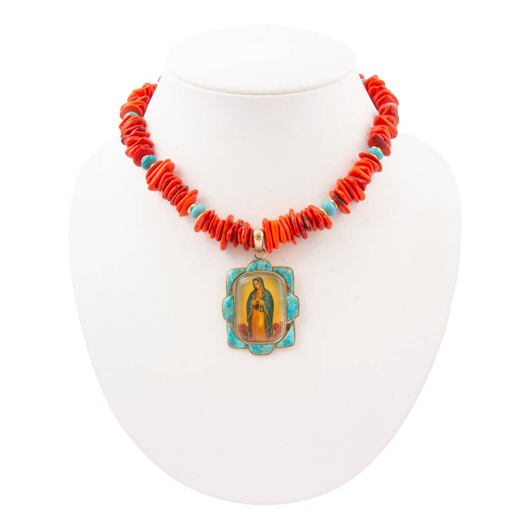 Our Lady of Guadalupe Blue Turquoise and Fiery Orange Golden Pendant Necklace