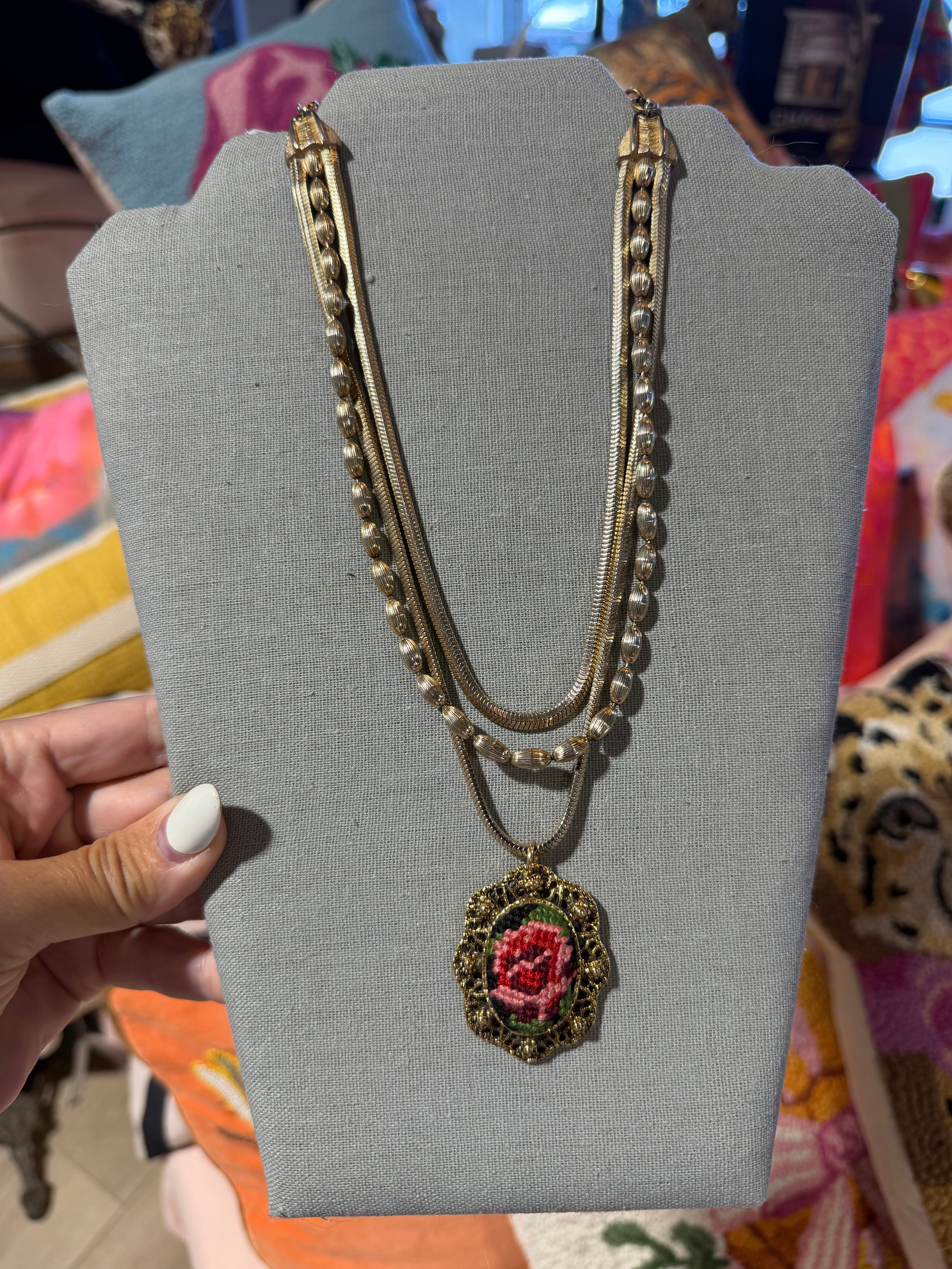 Rose Needlepoint Necklace