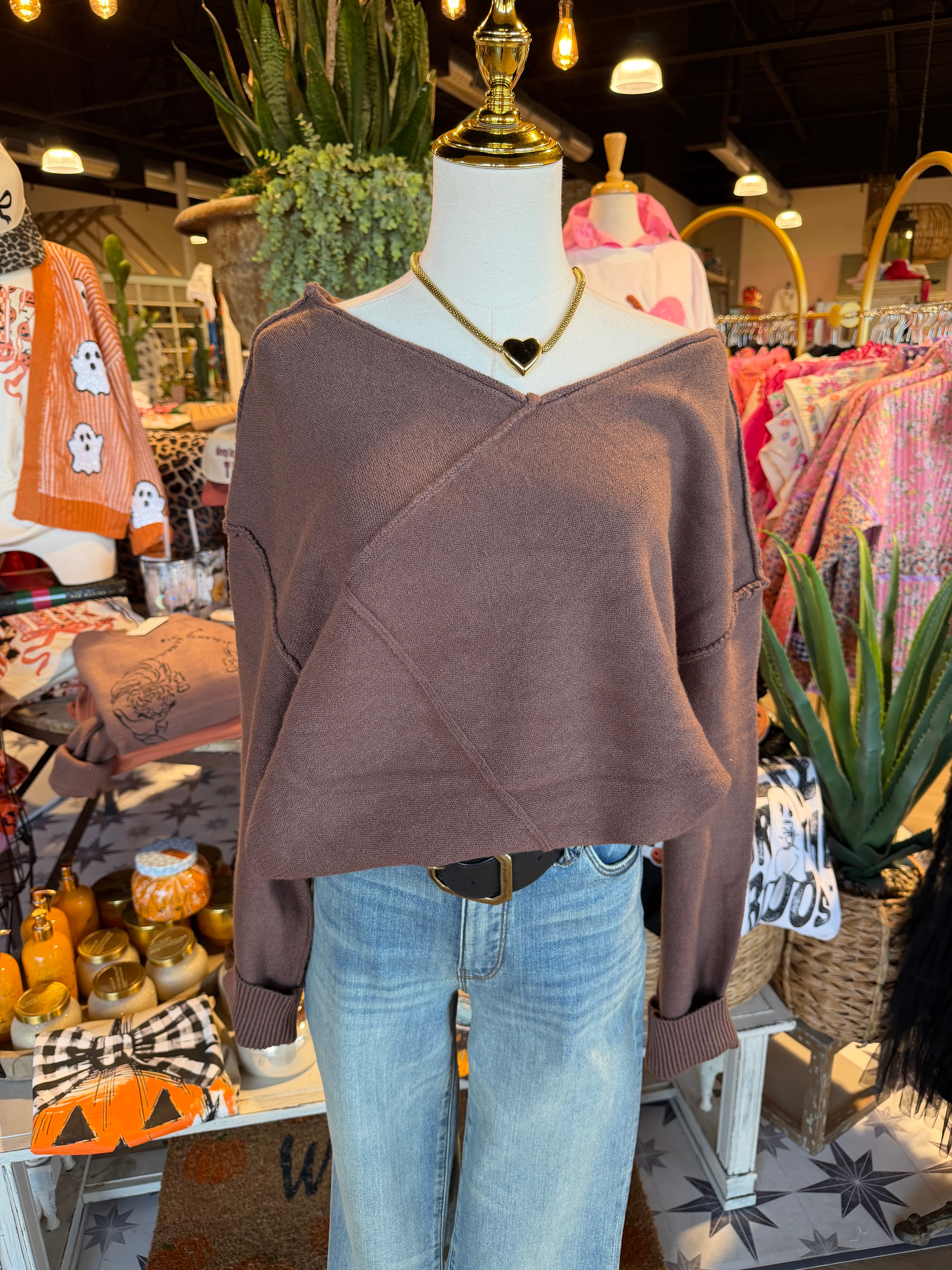 V Neck Exposed Seam Sweater