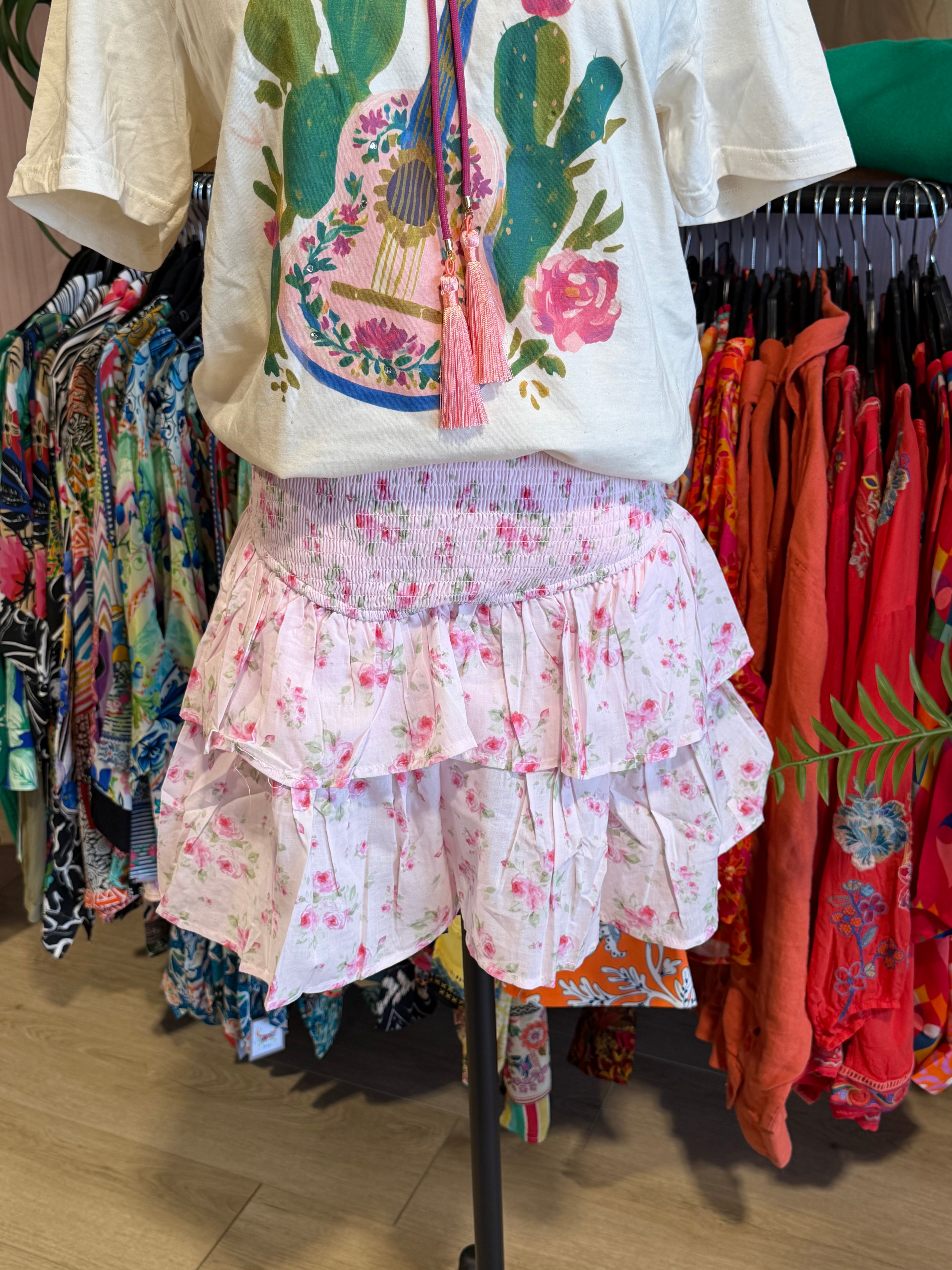The Ellie Ruched Skort - Pink Floral Tiered Ruffle