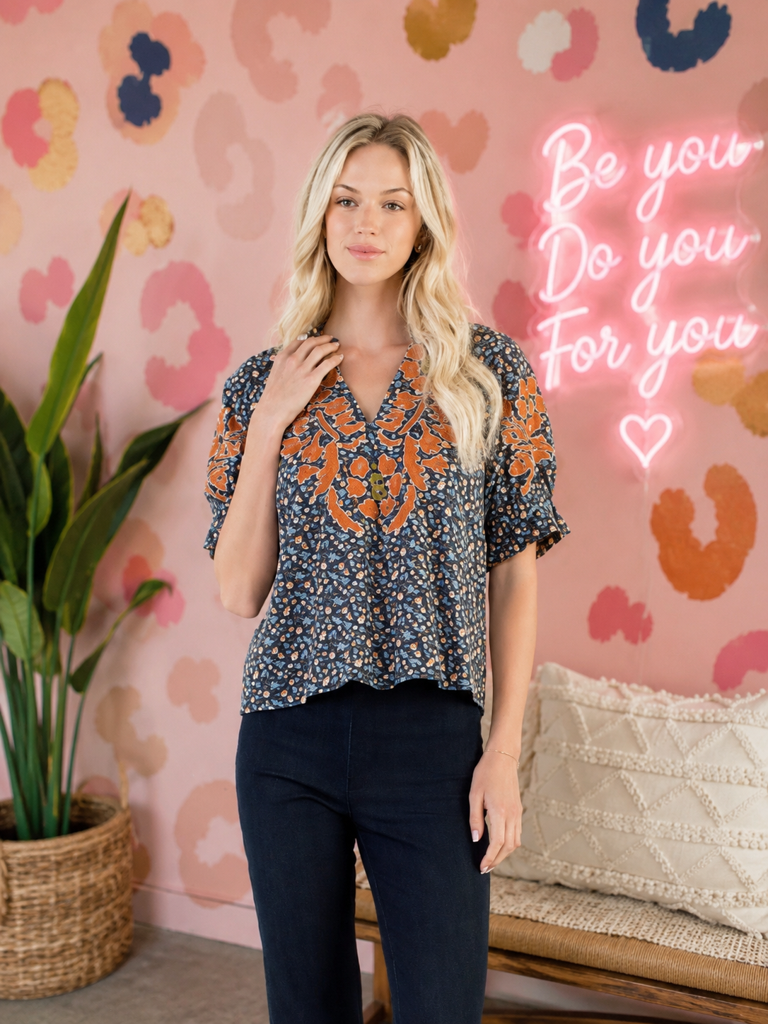 Floral Print Top With Embroidery