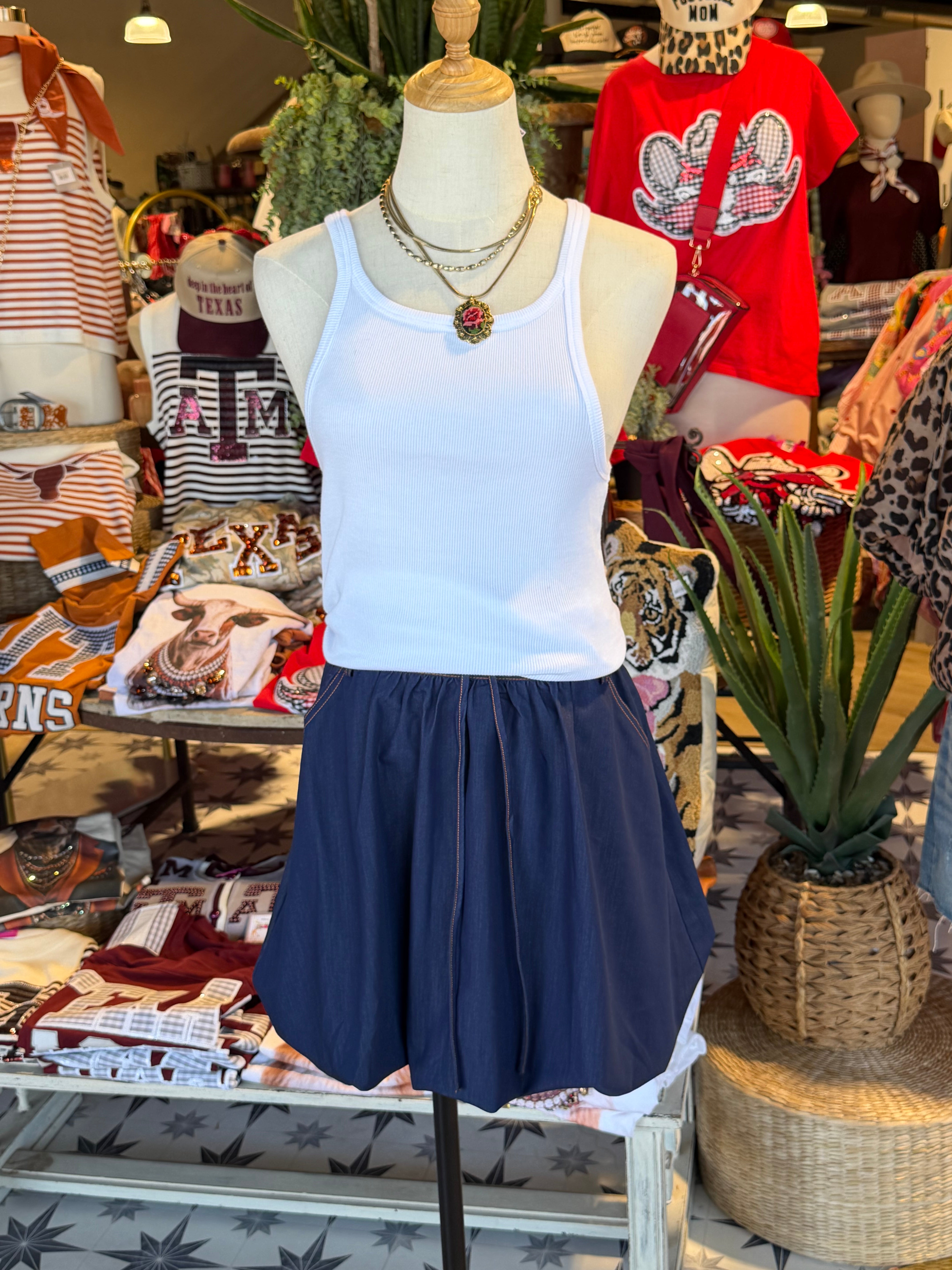 Denim Bubble Skirt With Tie Front