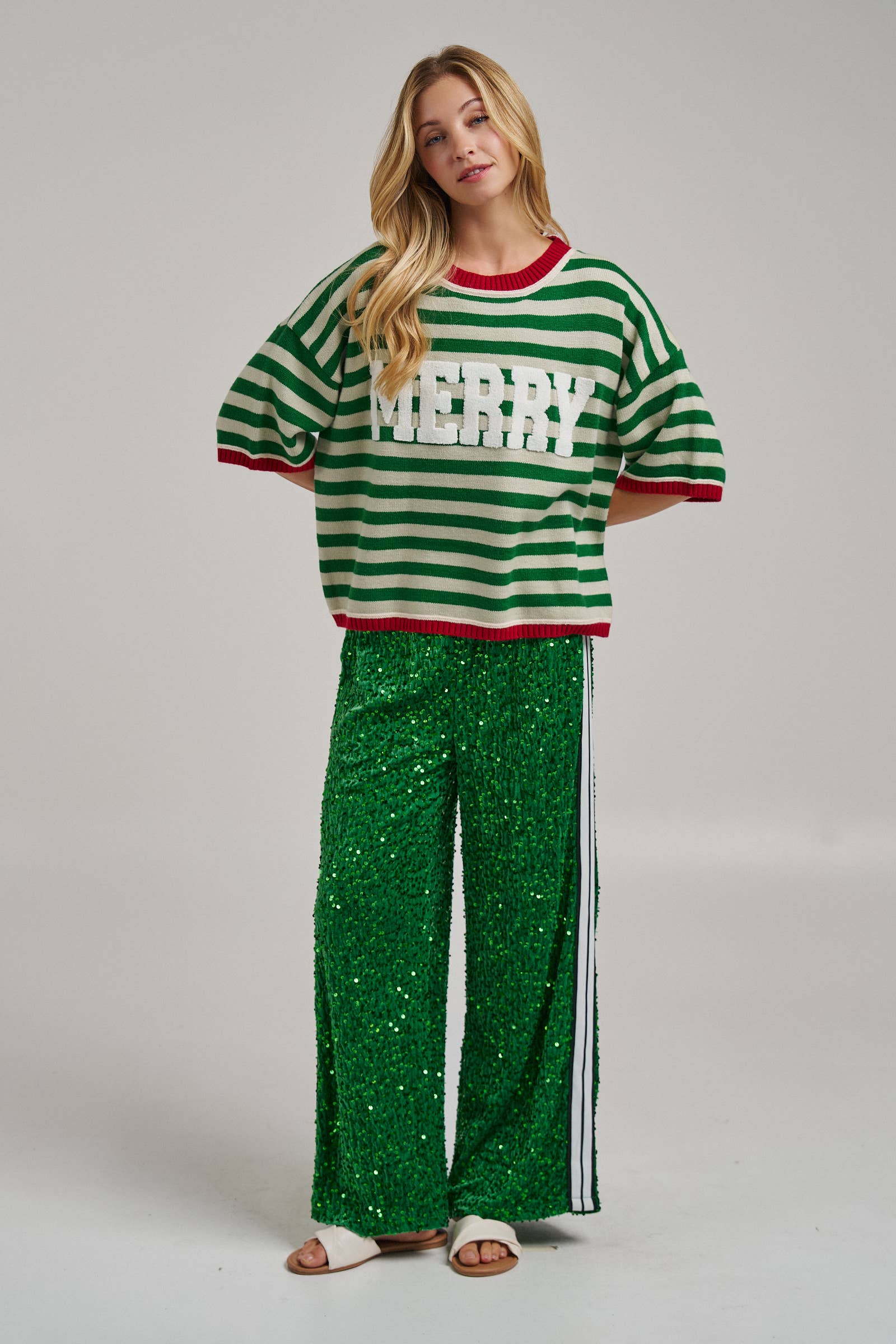 CHRISTMAS MERRY LETTERING STRIPE SWEATER