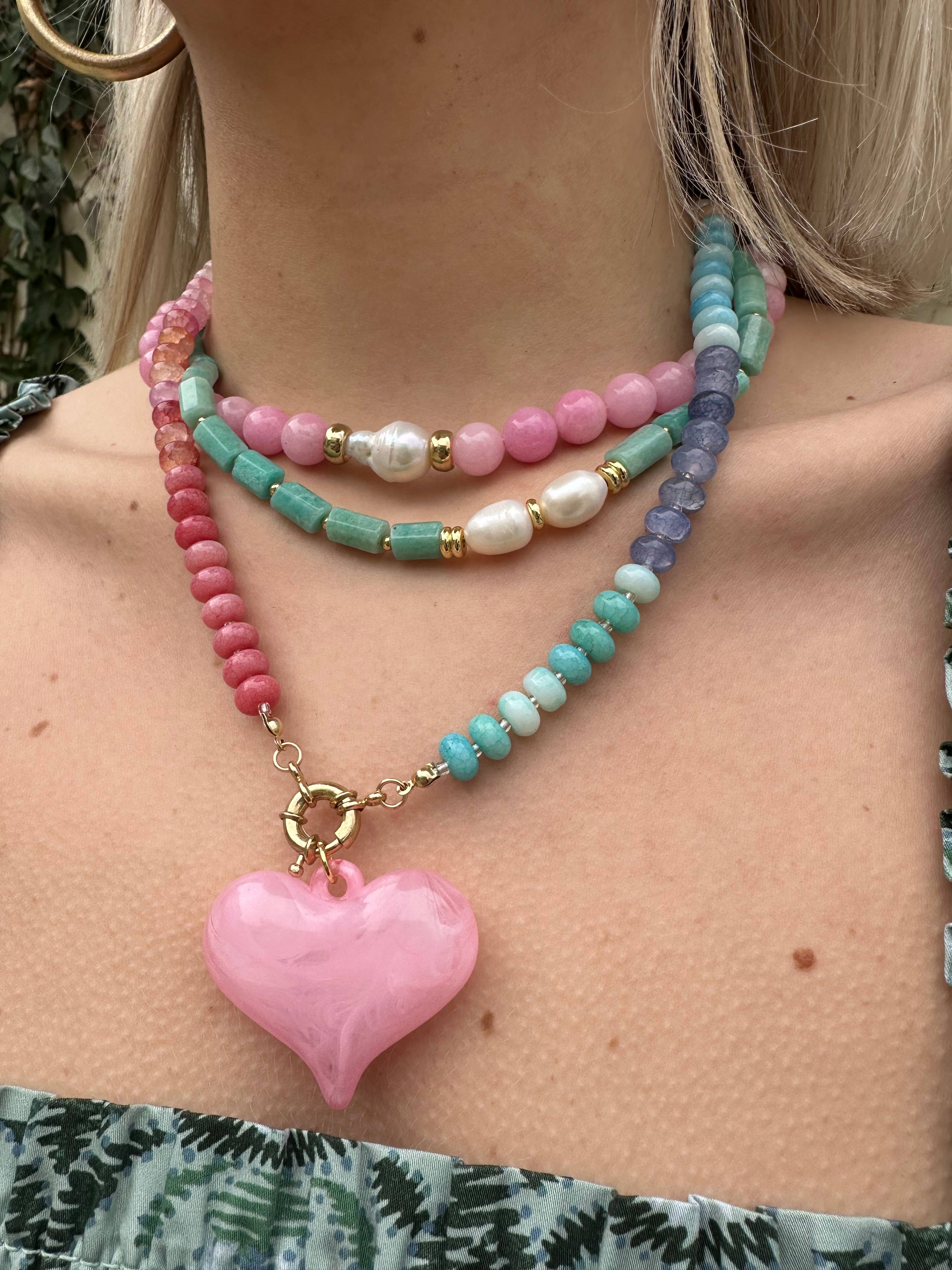 Paisley Multi Beaded Necklace with Light Pink Heart Charm