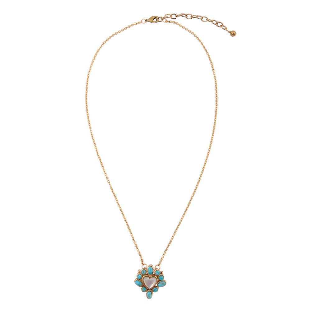 Hearts Surround Blue Turquoise and Mother of Pearl Golden Necklace