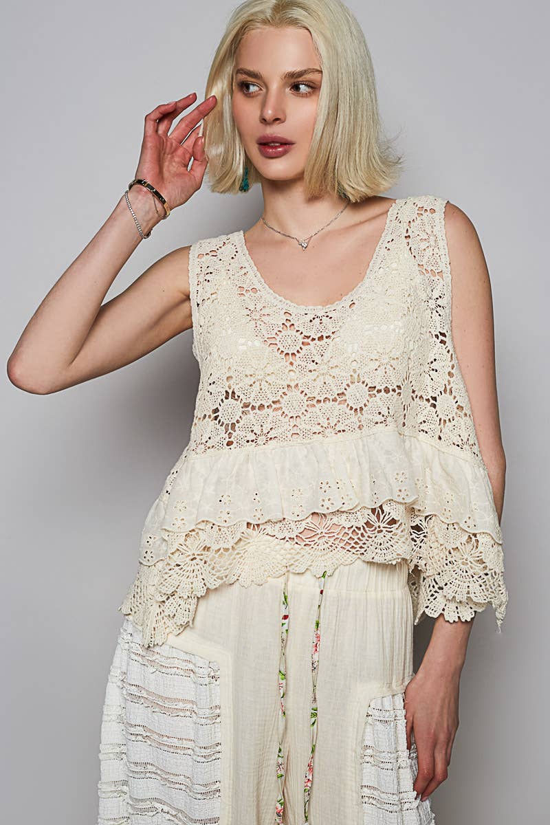 Round Neck Ruffle Embroidered Eyelet Crochet Top