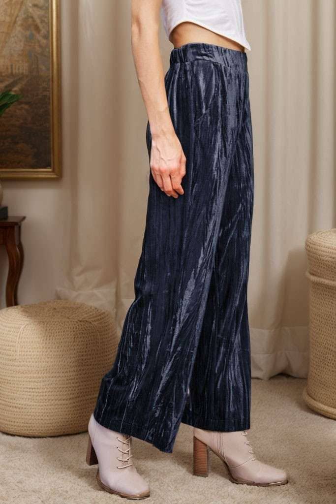 Crinkled Velvet Elastic-Back Wide-Leg Pants