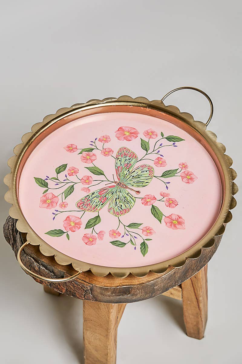 Butterfly Pattern Scalloped Round Serving Tray