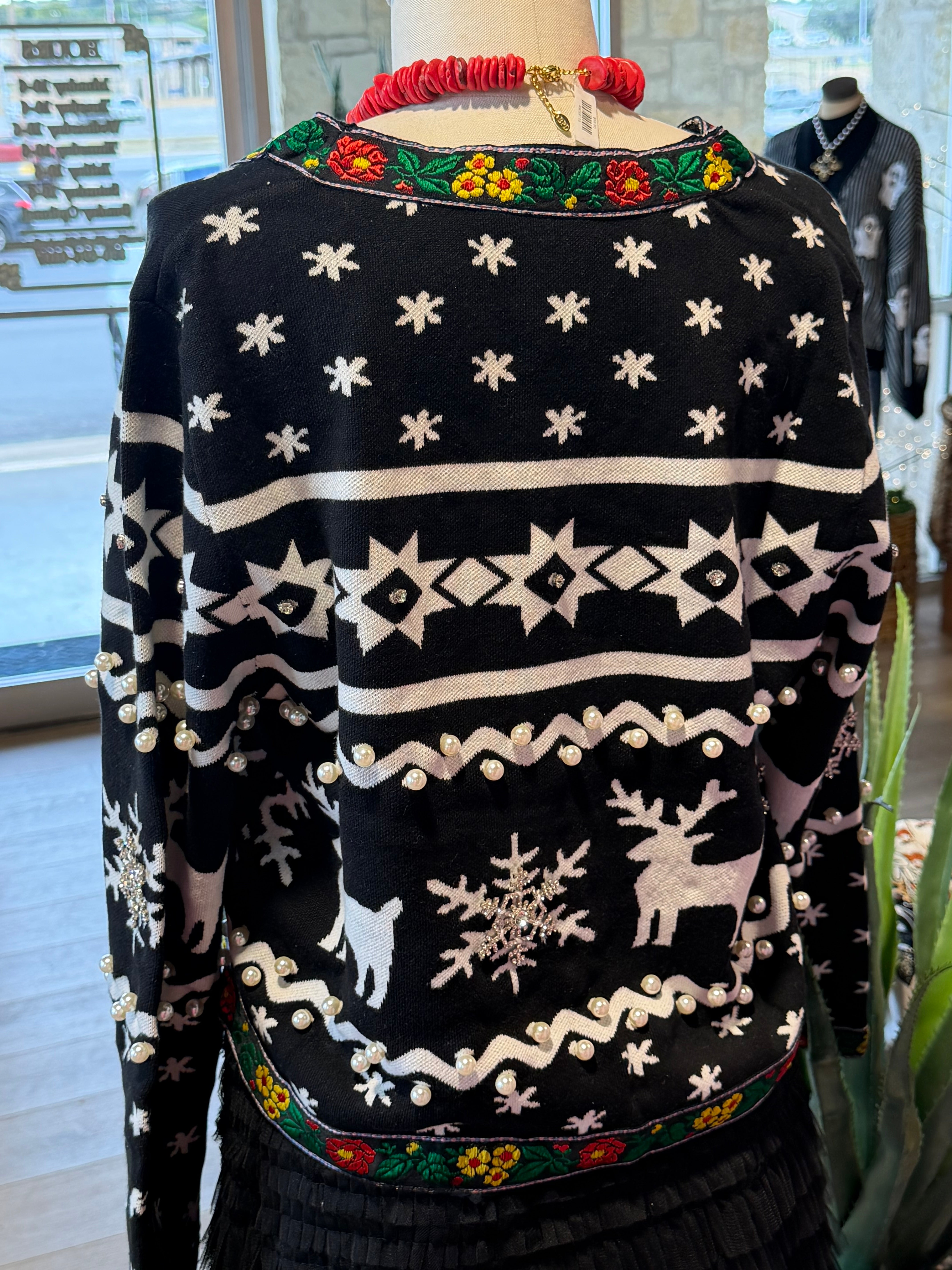 Flower Trim Reindeer Cardigan