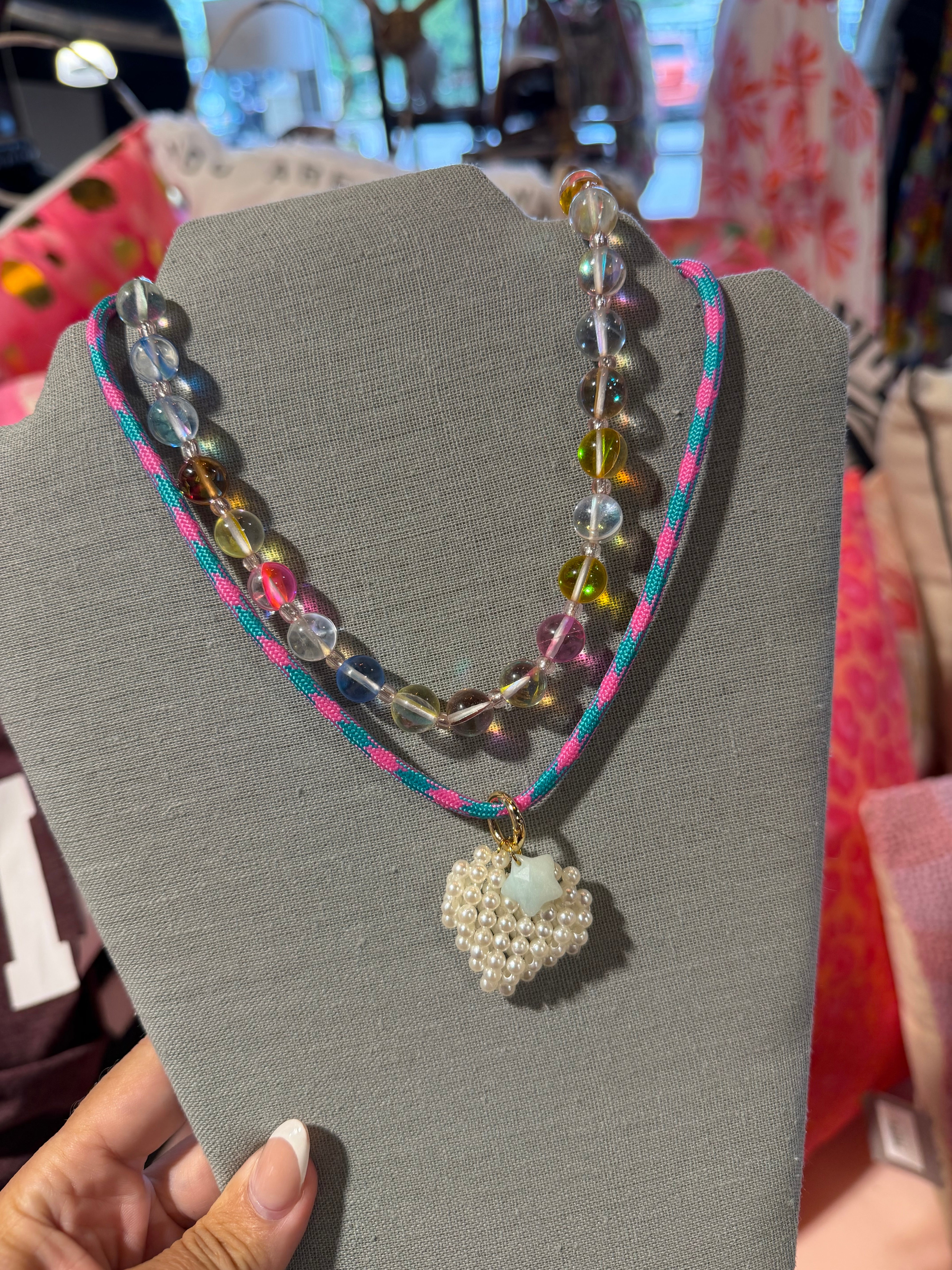 Cord Necklace - Pink + Teal w/ Heart + Star Charms - Blakely