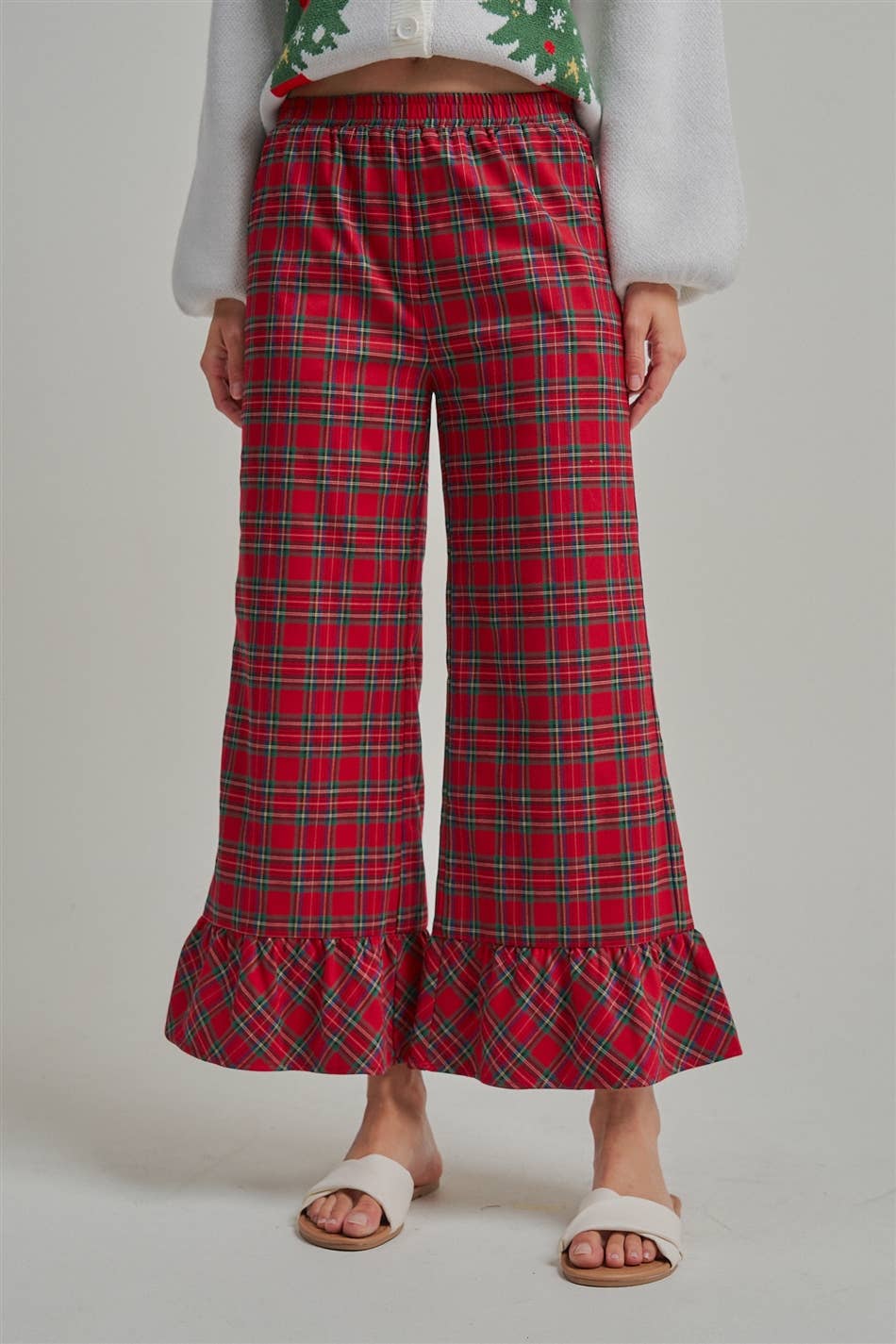 CHRISTMAS PLAID CASUAL WIDE LEG PANTS