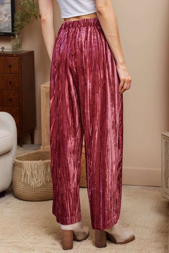 Crinkled Velvet Elastic-Back Wide-Leg Pants