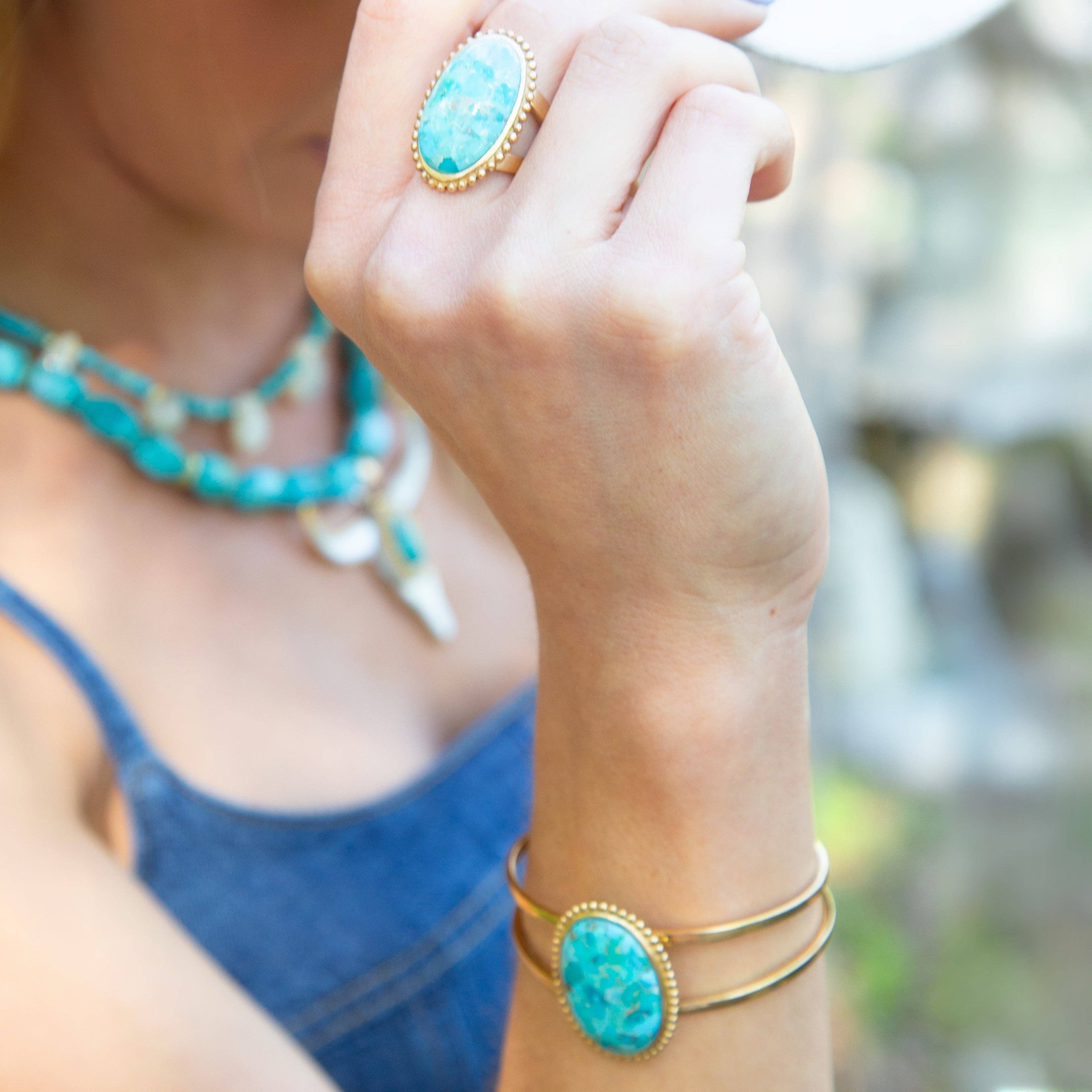 Refined Blue Turquoise Golden Cuff Bracelet