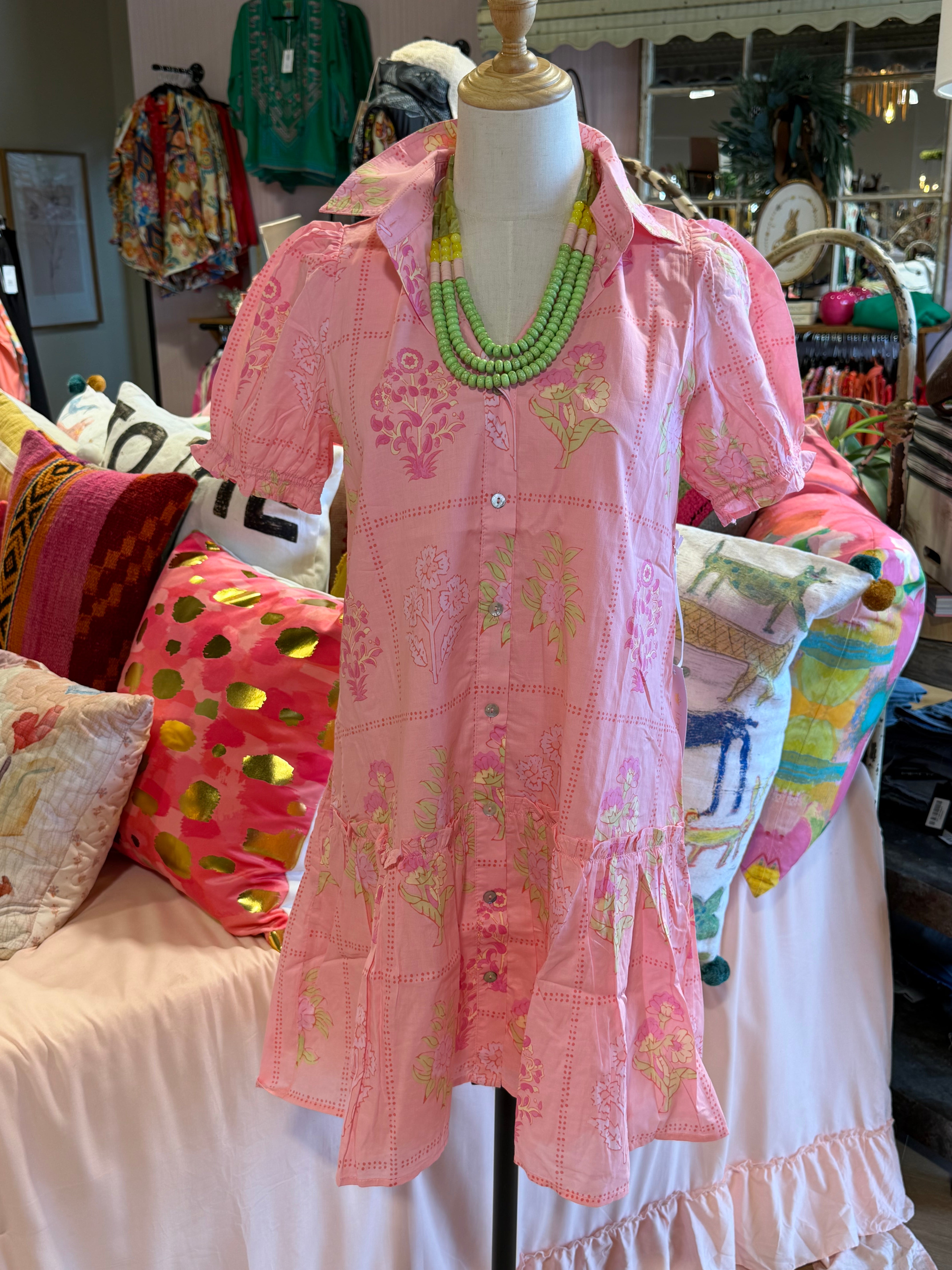The Emery Collared Button Up Dress - Pink & Green Floral