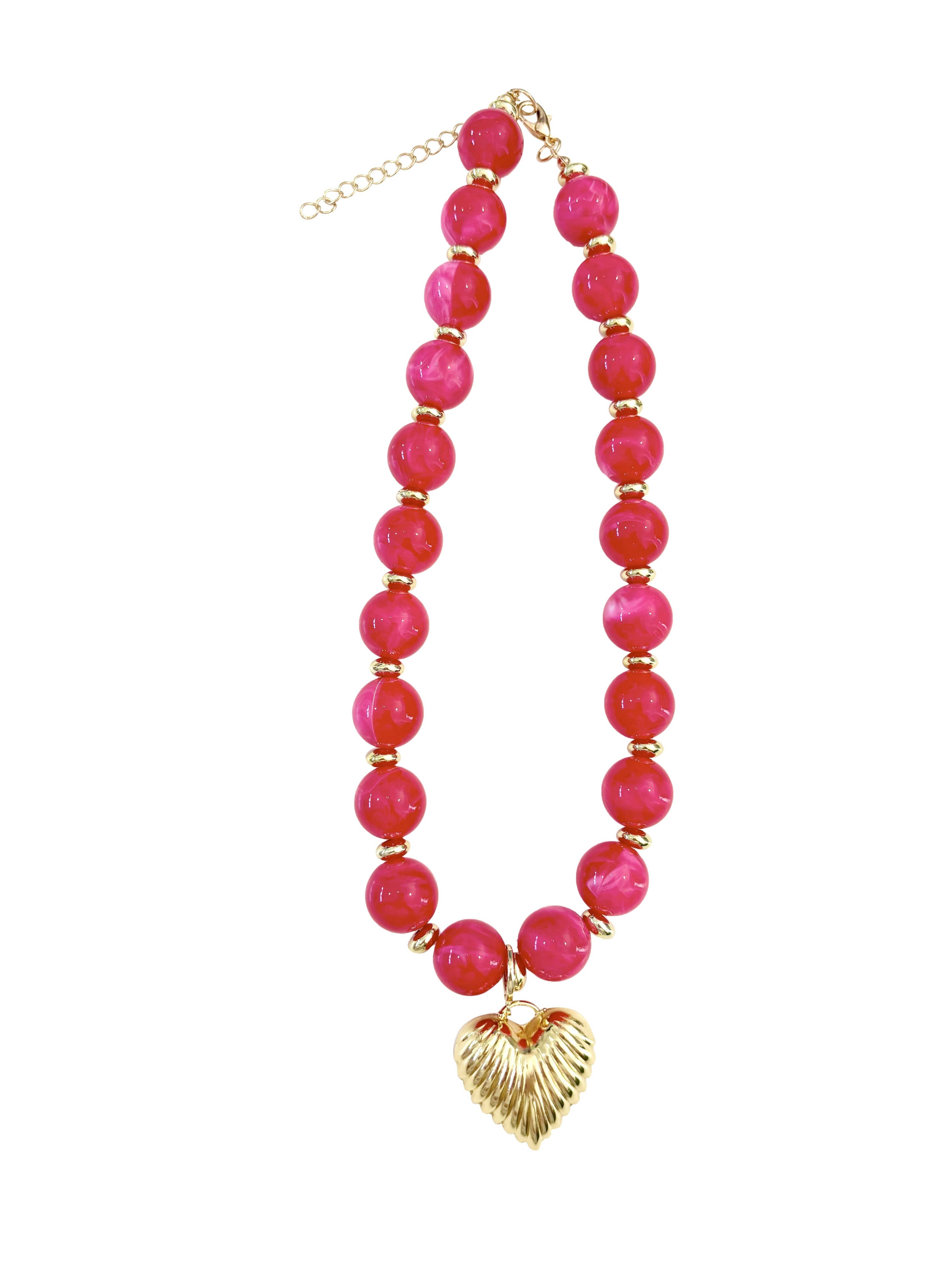 Lucas Beaded Necklace with Gold Heart Pendant - Hot Pink