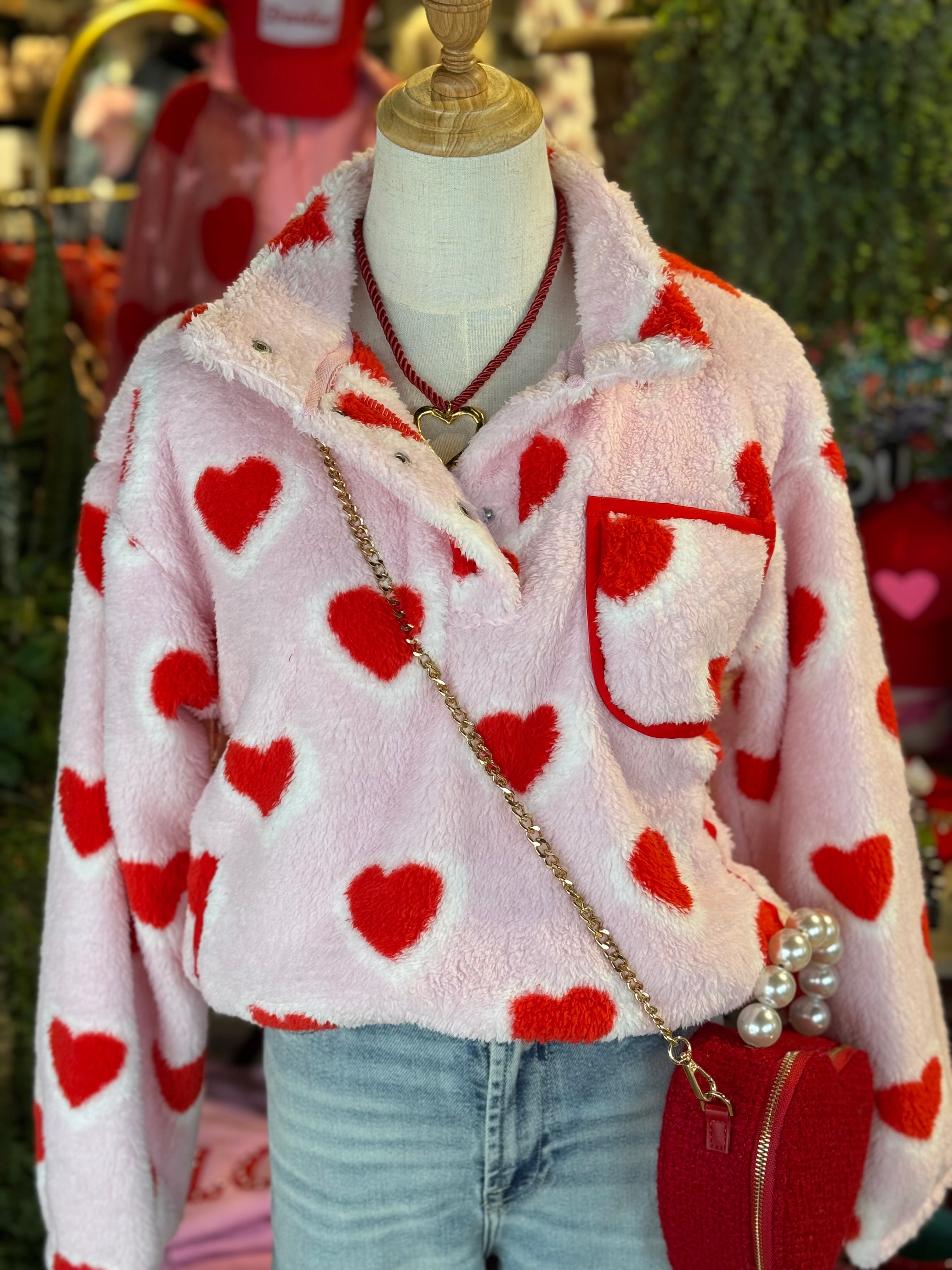 Heart Print Plush Pullover