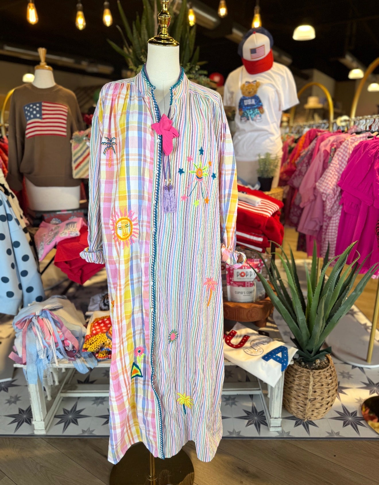 3/4 Sleeves Stripe Colorful Embroidery Woven Dress