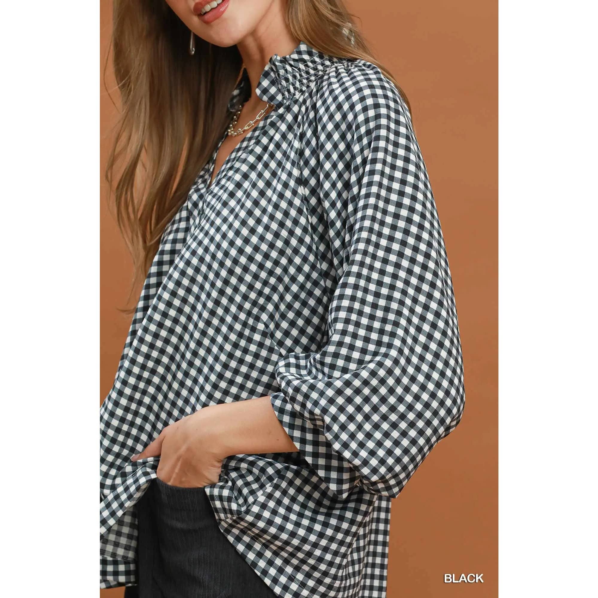 Gingham Check Puff Sleeve Blouse