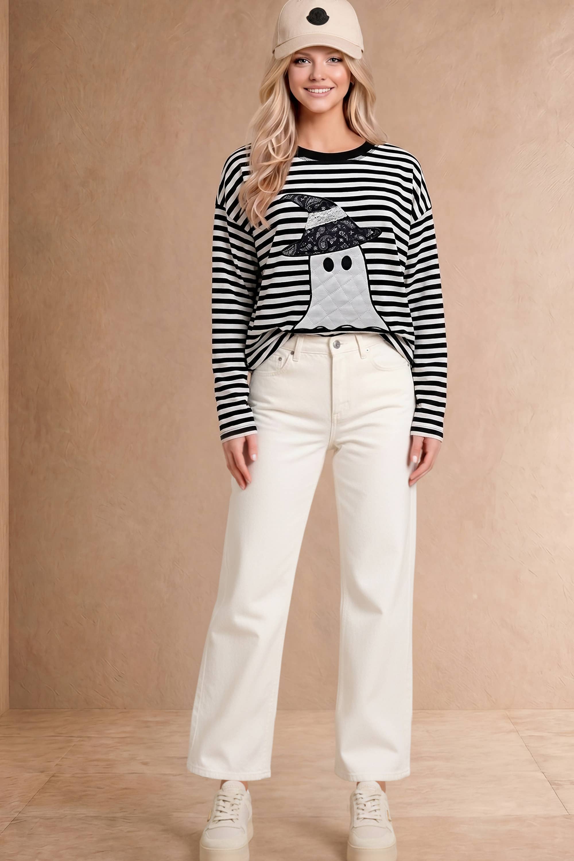 Halloween Ghost Appliqué Striped Long Sleeve Top