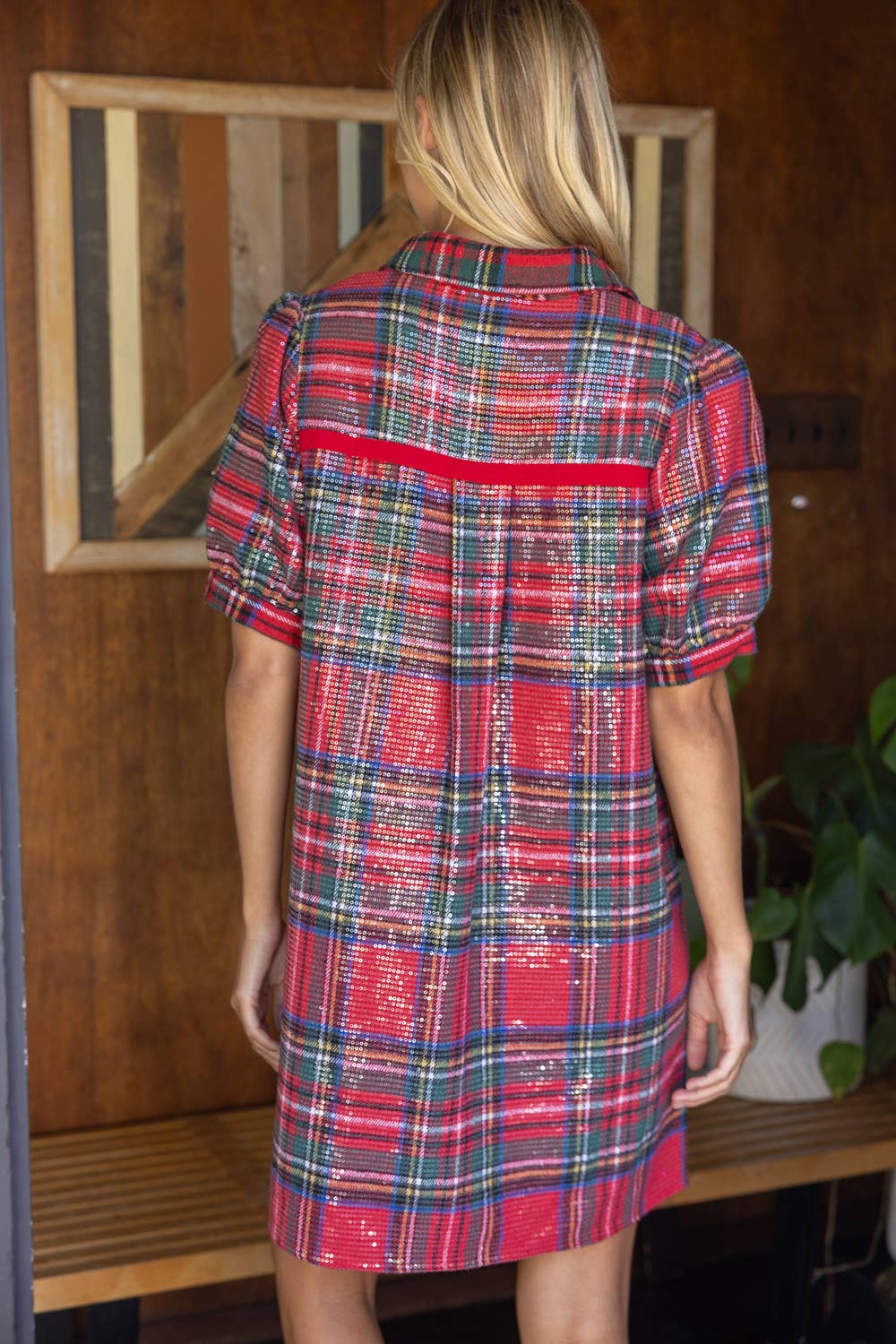 Collared Plaid Sequins Dress