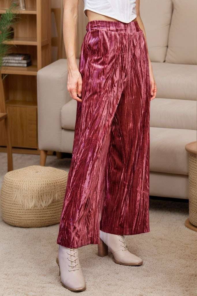 Crinkled Velvet Elastic-Back Wide-Leg Pants