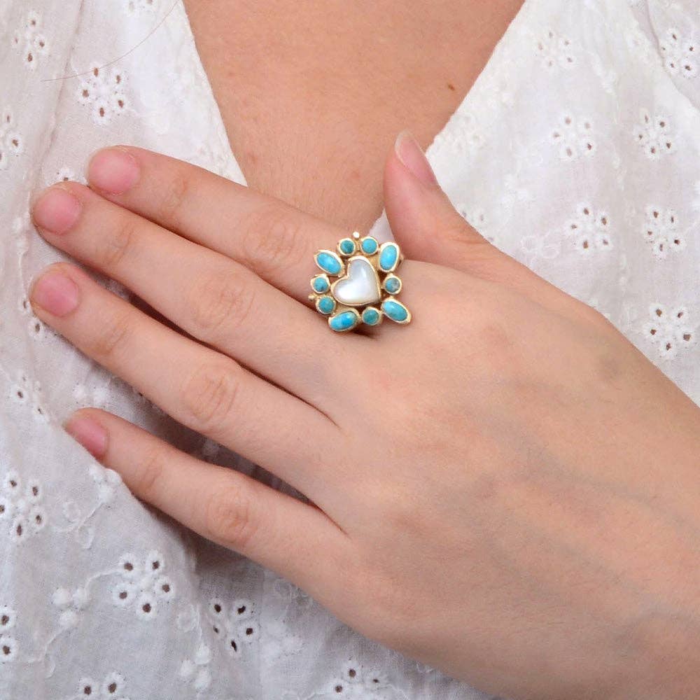 Hearts Surround Blue Turquoise and White Mother of Pearl Golden Ring