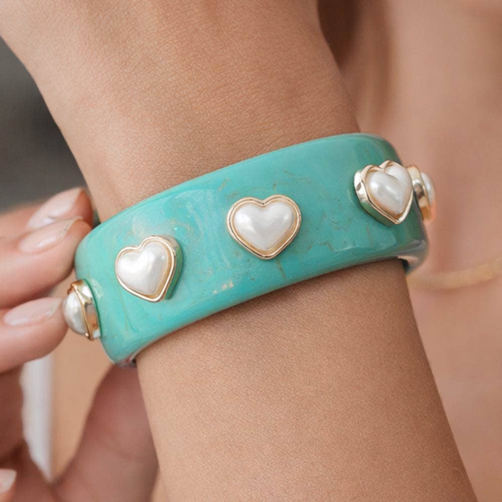 Pearl Heart Cluster Accent Wide Marbled Bangle Bracelet