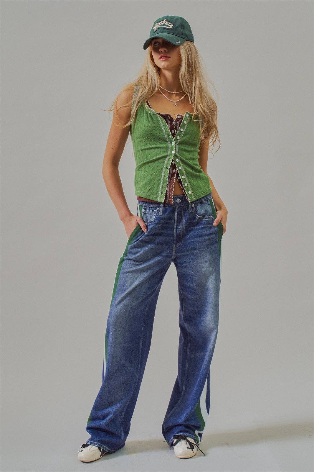 Faux Denim Track Pants With Stripe