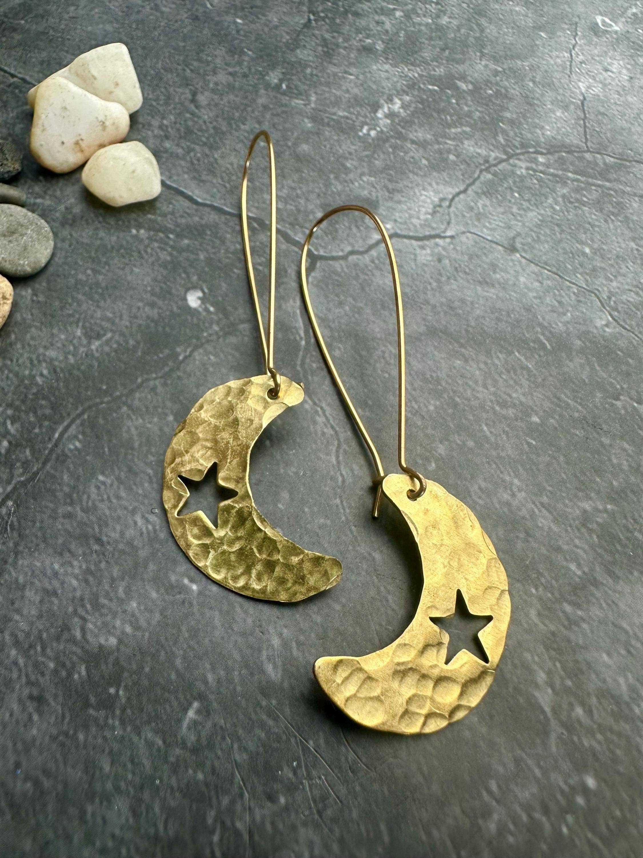 Handcrafted Celestial Crescent Moon Earrings - Beaten Brass