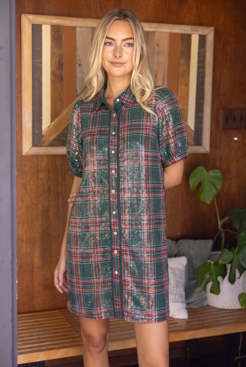 Collared Plaid Sequins Dress