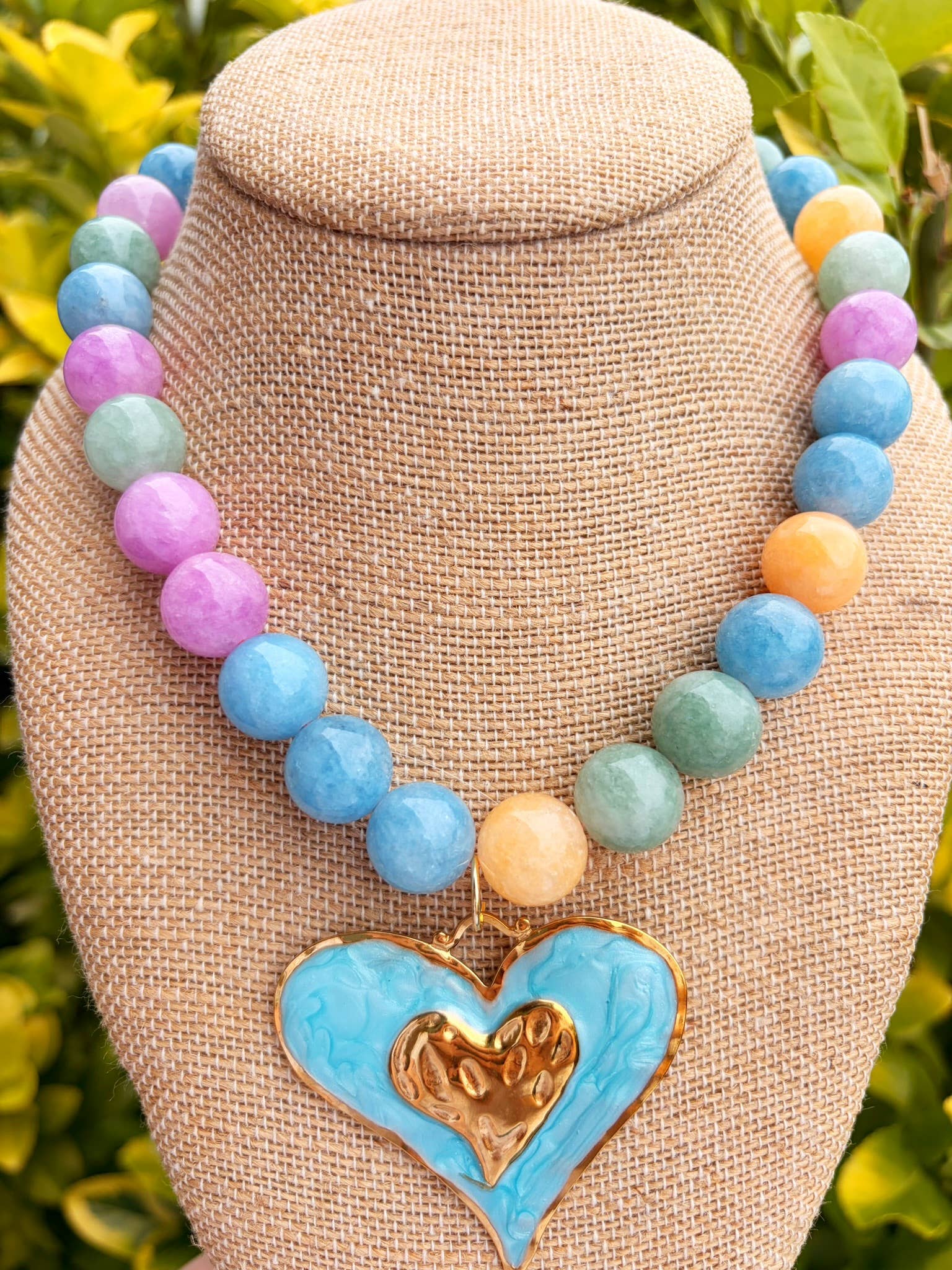 Agate Multi Beaded + Heart Pendant Necklace