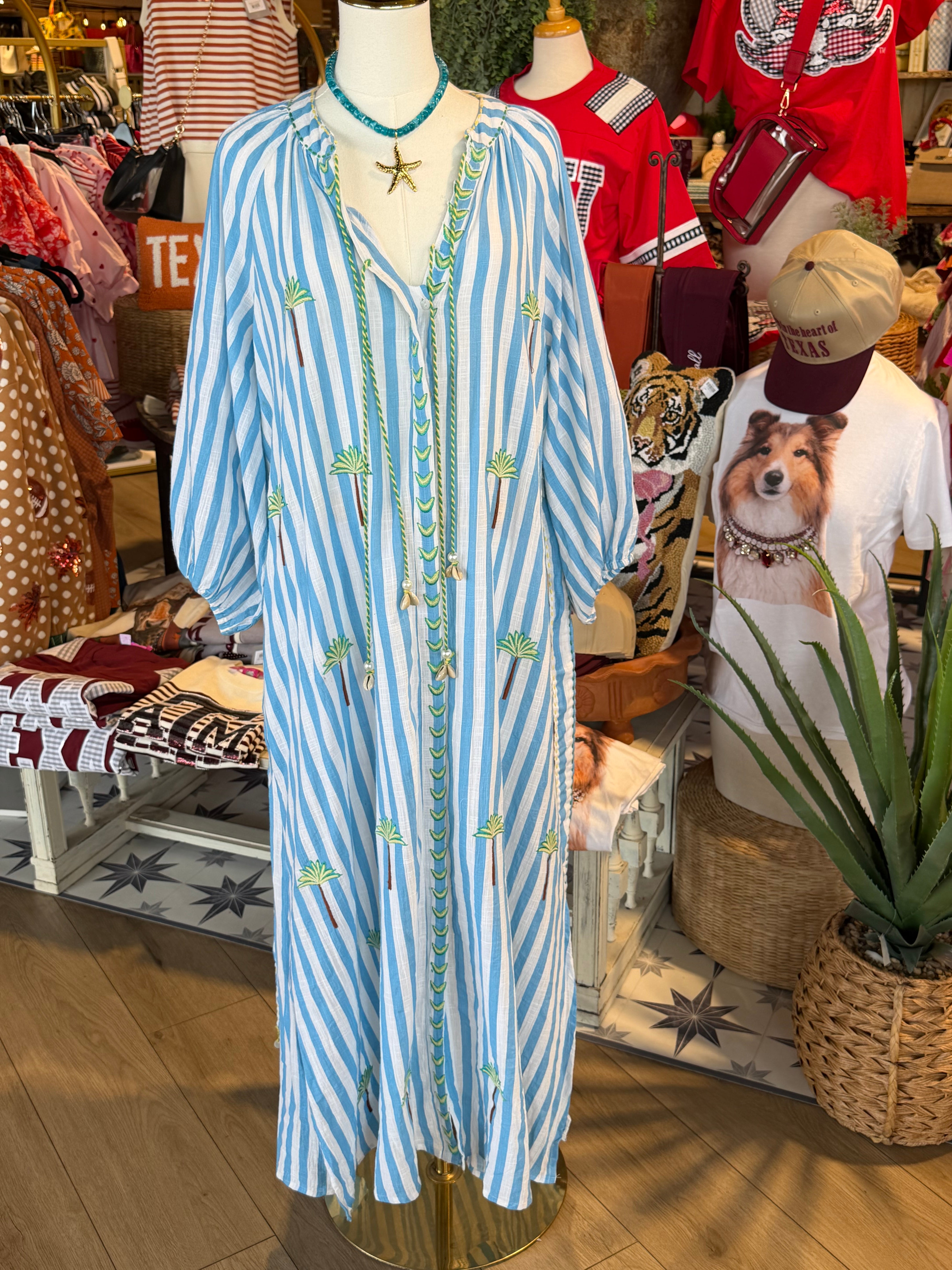 Palm Tree Embroidery Lightweight Striped Maxi Dress