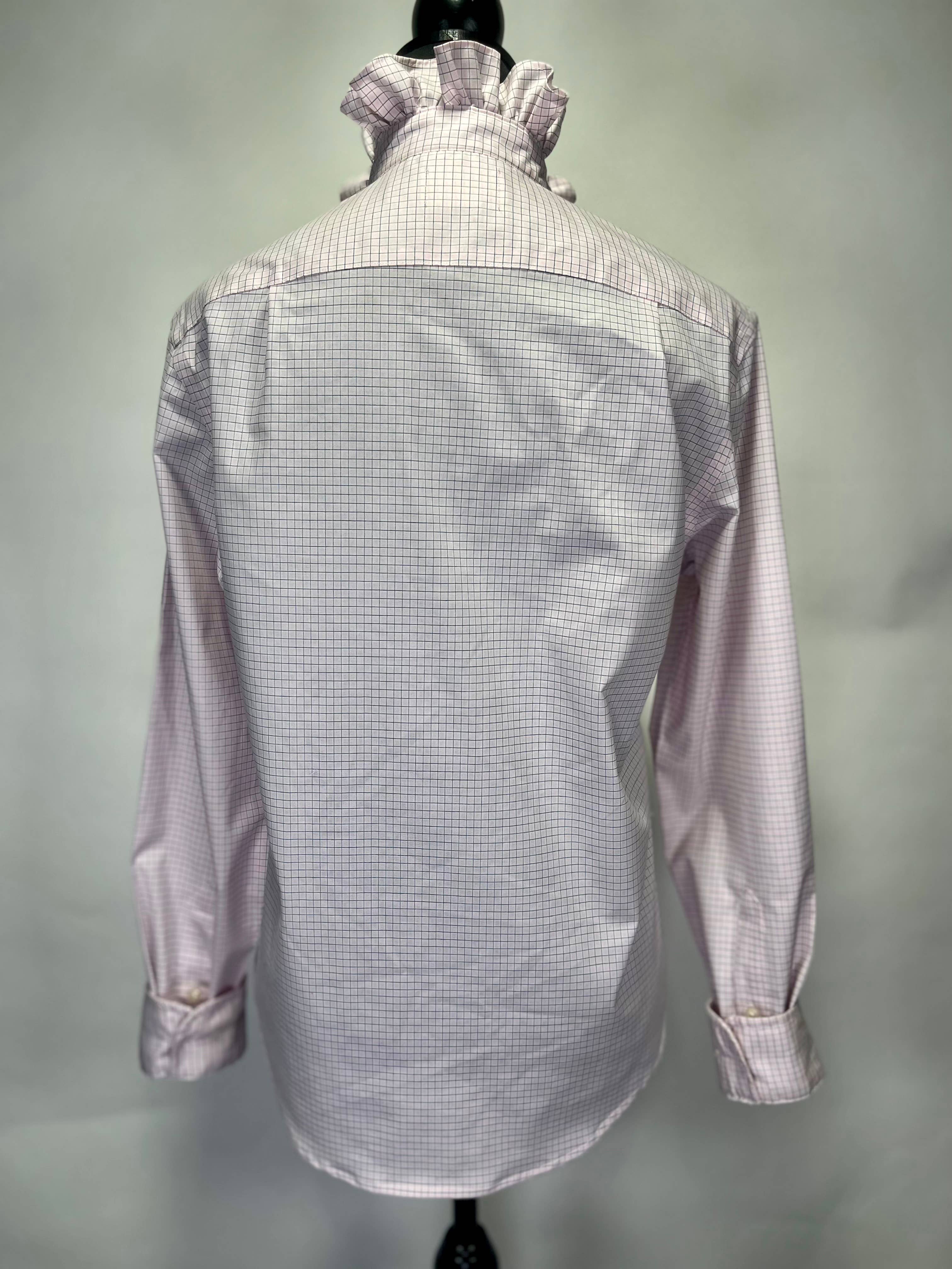 Bespoke Ruffle Collar  Women Shirt Pink Black Plaid  S-M