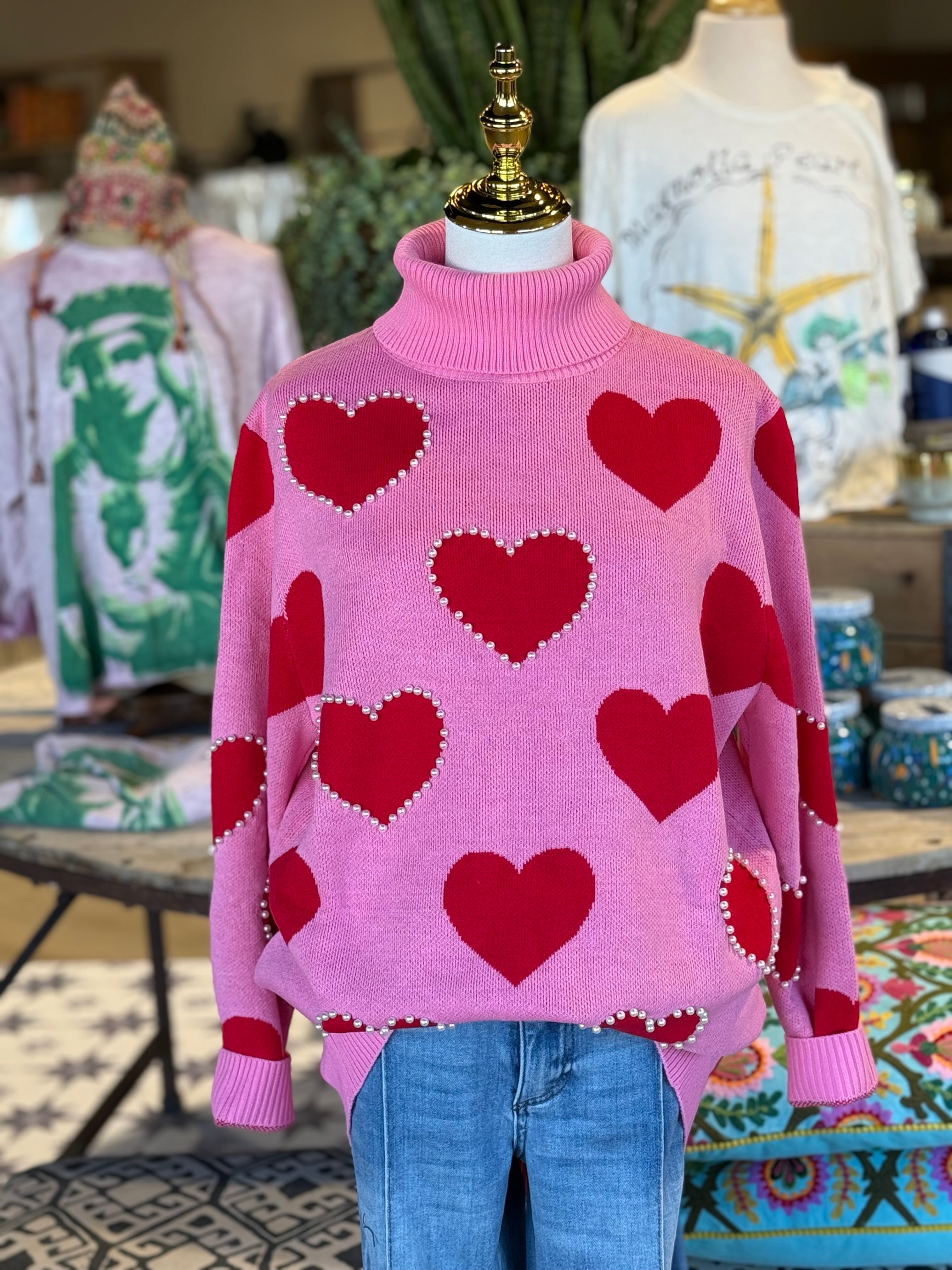 Red Hearts & Pearls Tunic Sweater