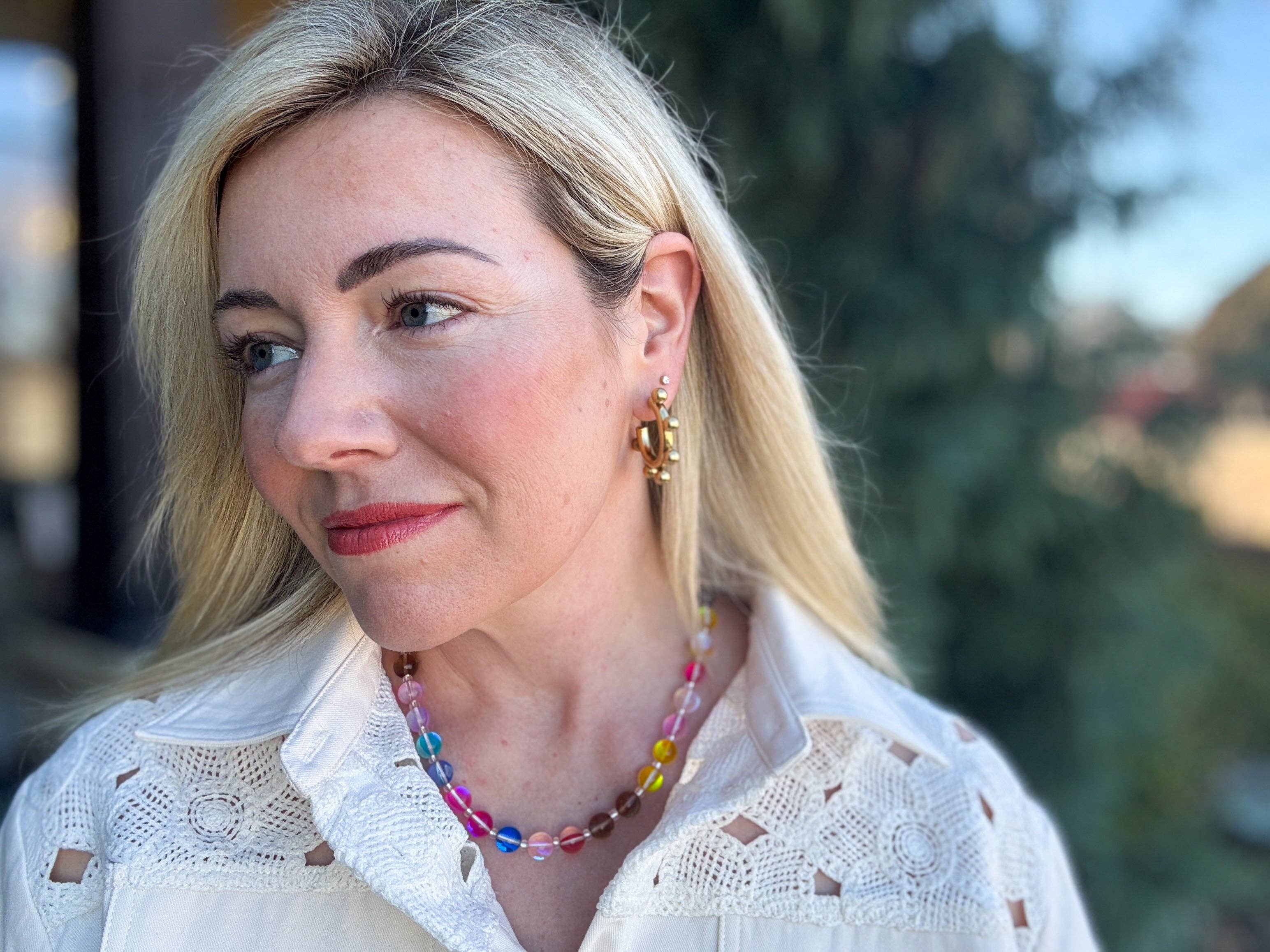 Beaded Necklace - Multi-Colored + Clear Beads - Sophie