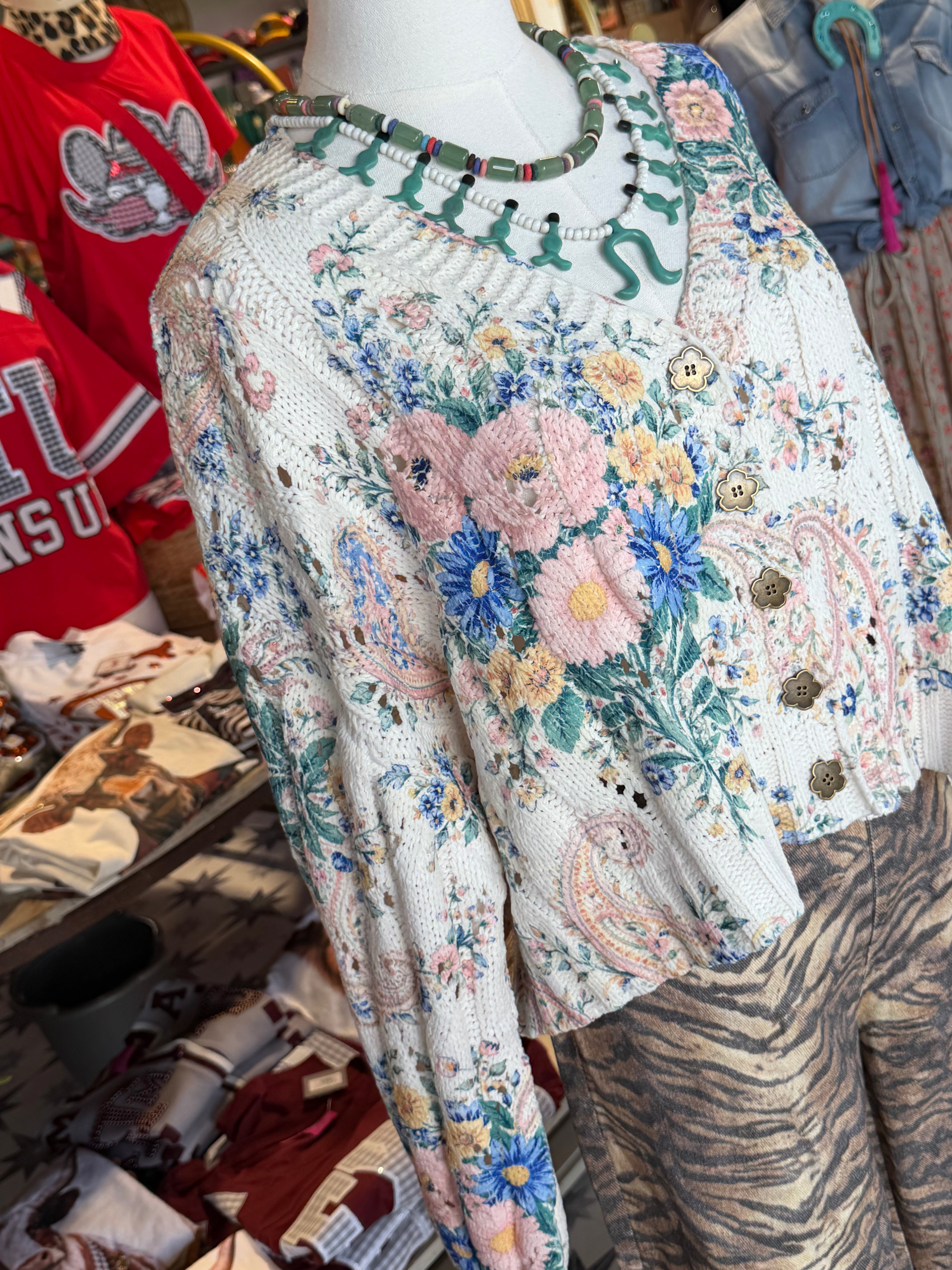 V-Neck Floral Print Chenille Cardigan