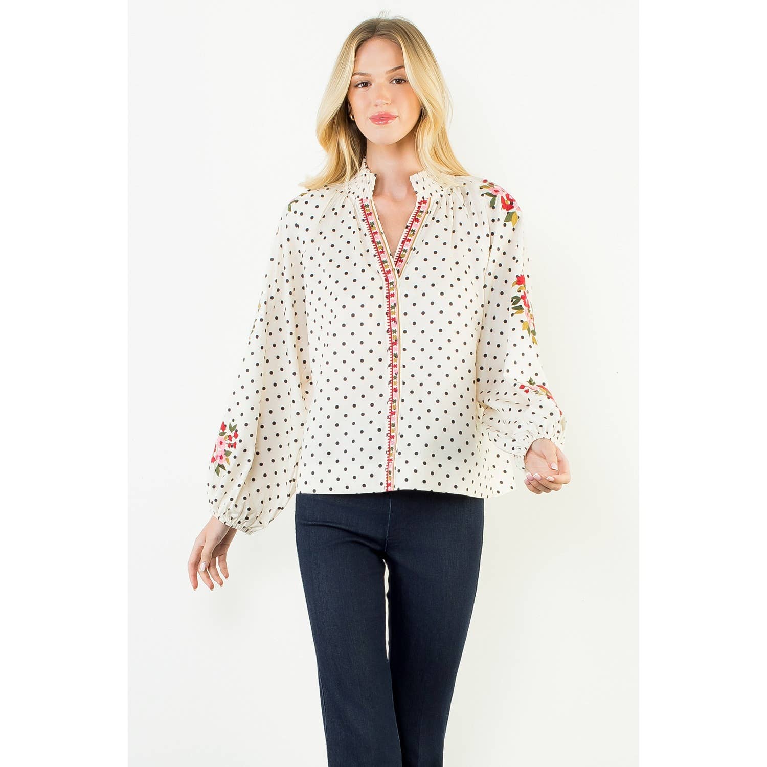 Long Sleeve Embroidery Floral Polka Dot Top